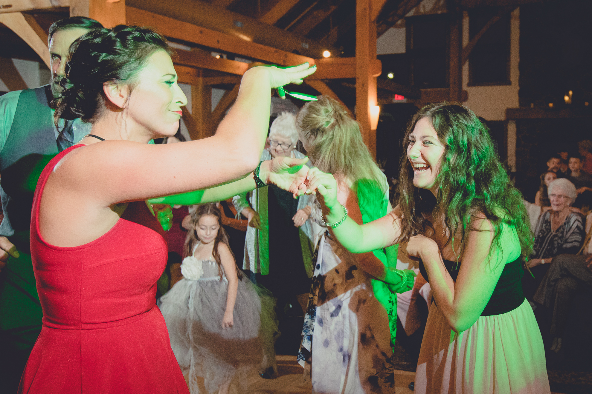guests dance in lodge at wedding at hidden valley animal adventure near Buffalo, NY