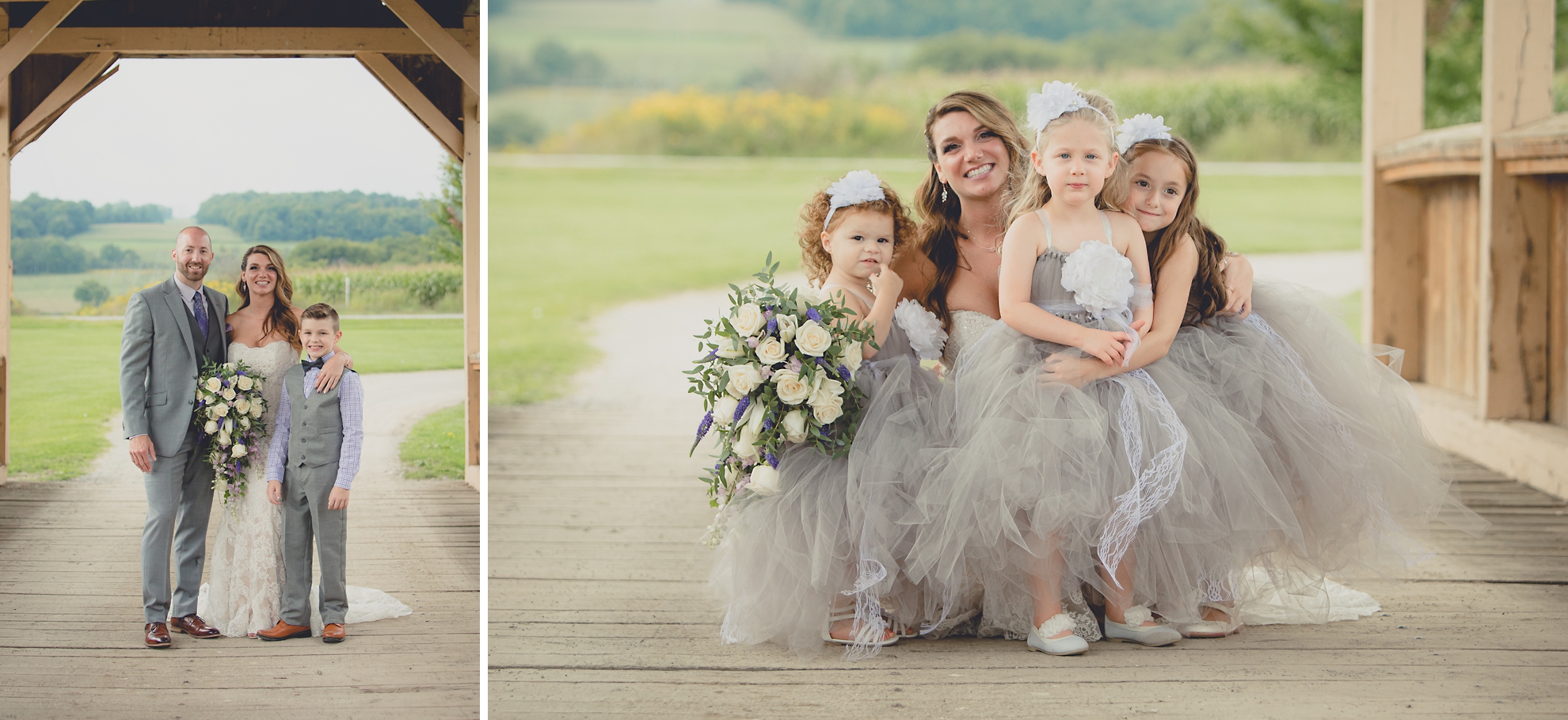 wedding party poses for portraits on covered bridge at wedding at hidden valley animal adventure near Buffalo, NY 