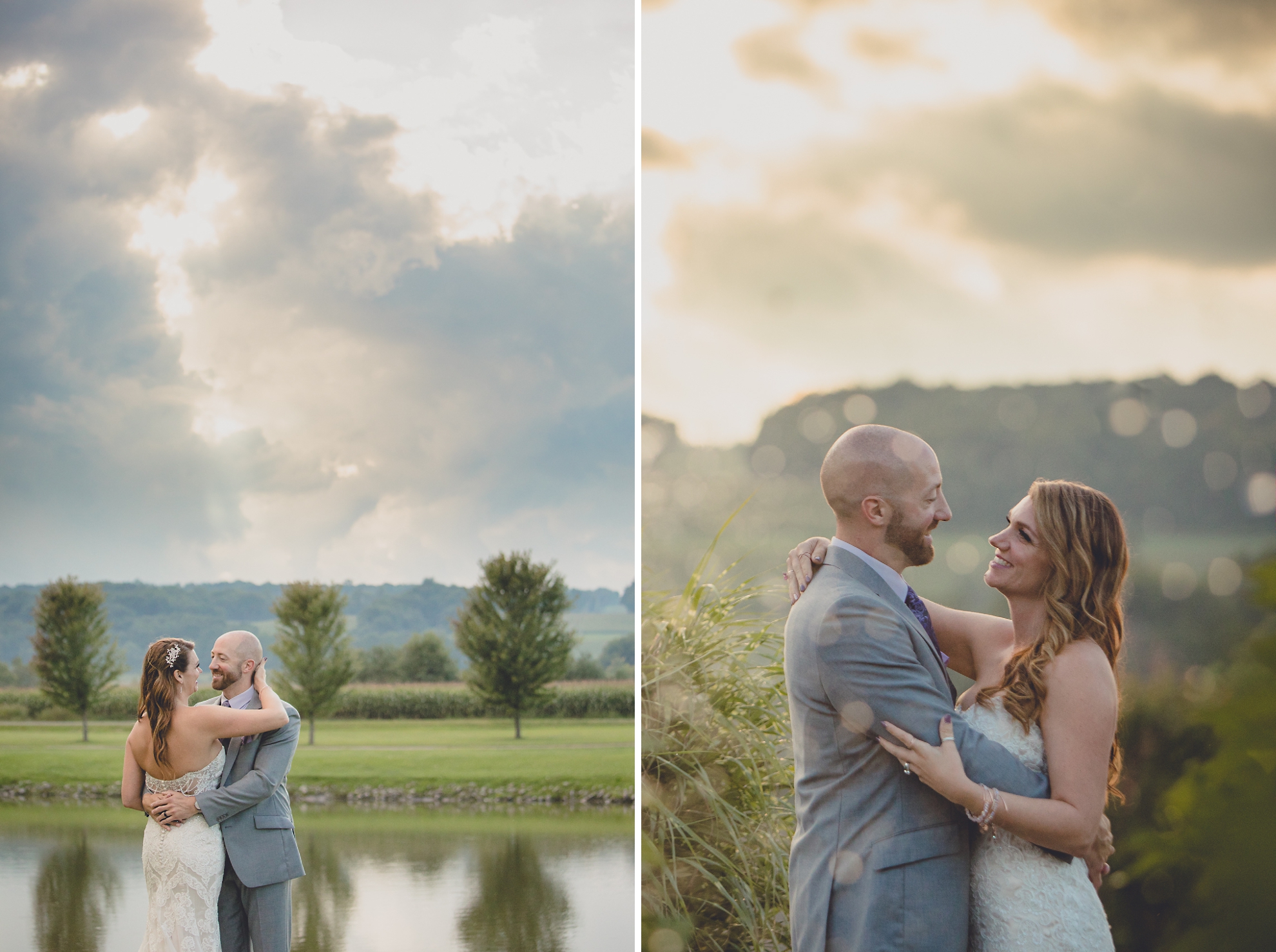 bride and groom pose for wedding portraits in rain in front of stormy skies at their wedding at hidden valley animal adventure near Buffalo, NY