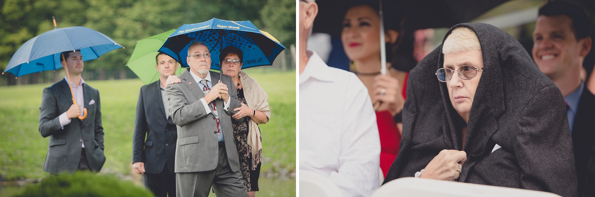 guests hold colorful umbrellas during wedding ceremony at hidden valley animal adventure near Buffalo, NY