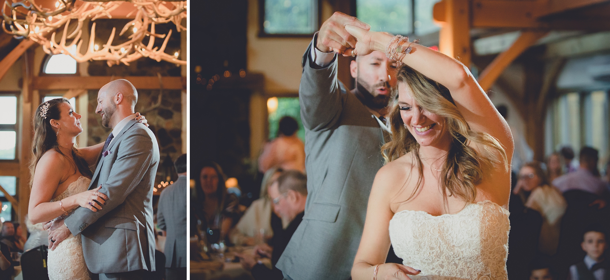 bride and groom dance in lodge at their wedding at hidden valley animal adventure near Buffalo, NY