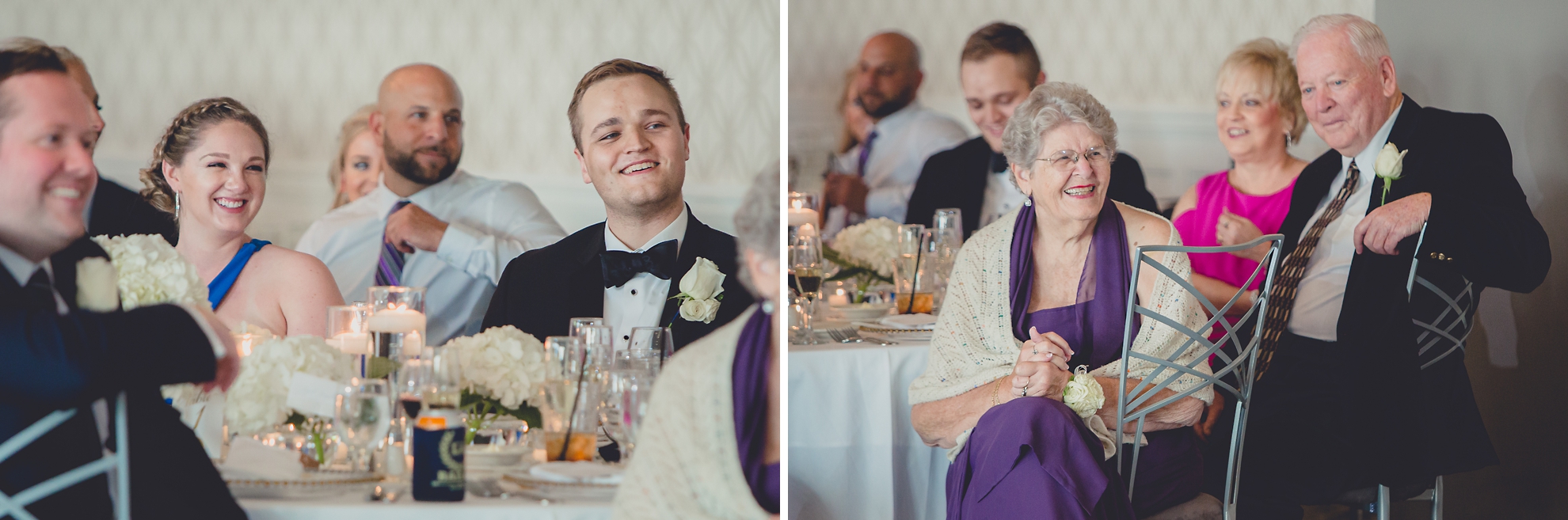 guests laugh during speech at wedding reception at Niagara Falls Country Club in Lewiston, NY