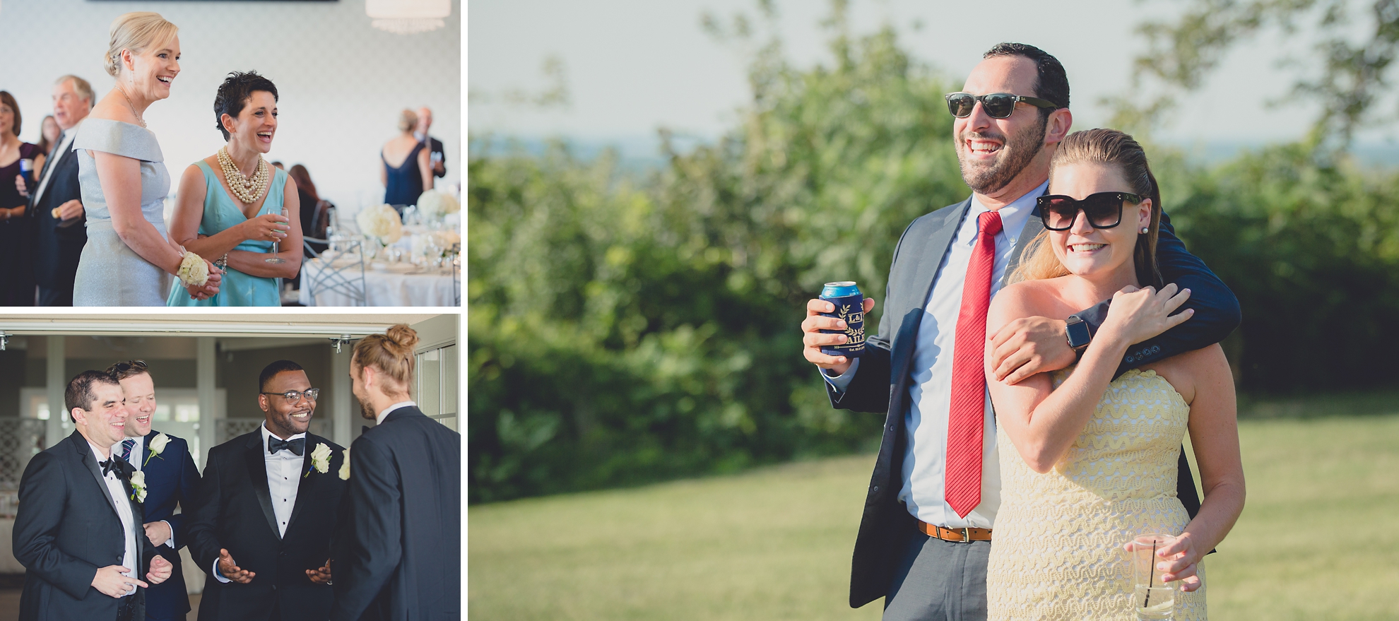 guests laugh during cocktail hour at wedding reception at Niagara Falls Country Club in Lewiston, NY
