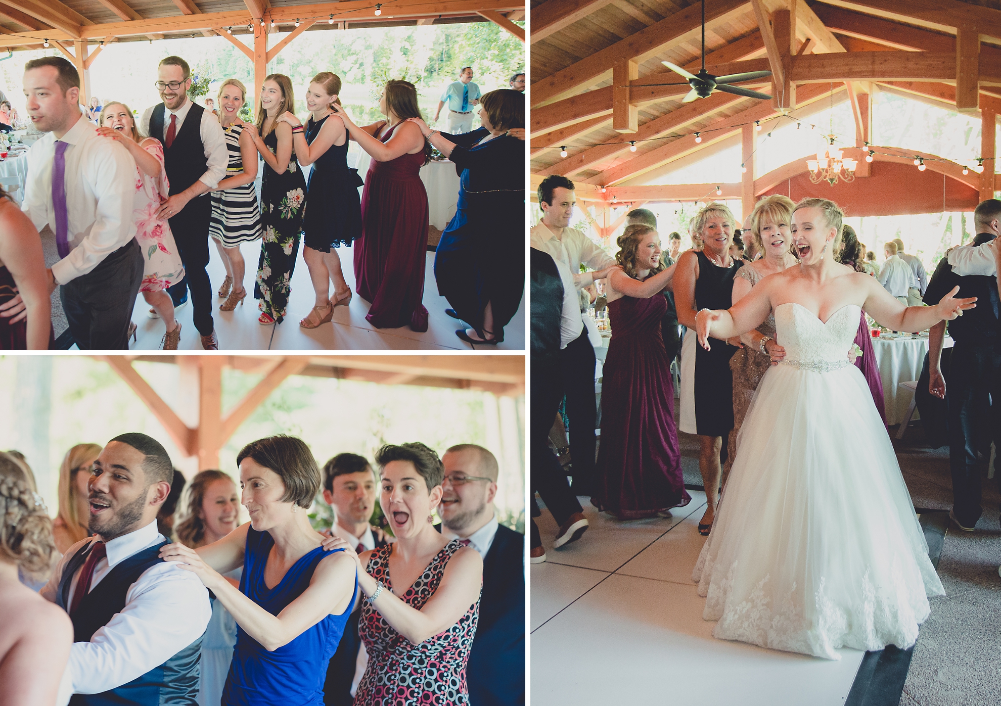 guests dance as train during outdoor wedding reception at Spring Lake Winery venue near Buffalo in WNY