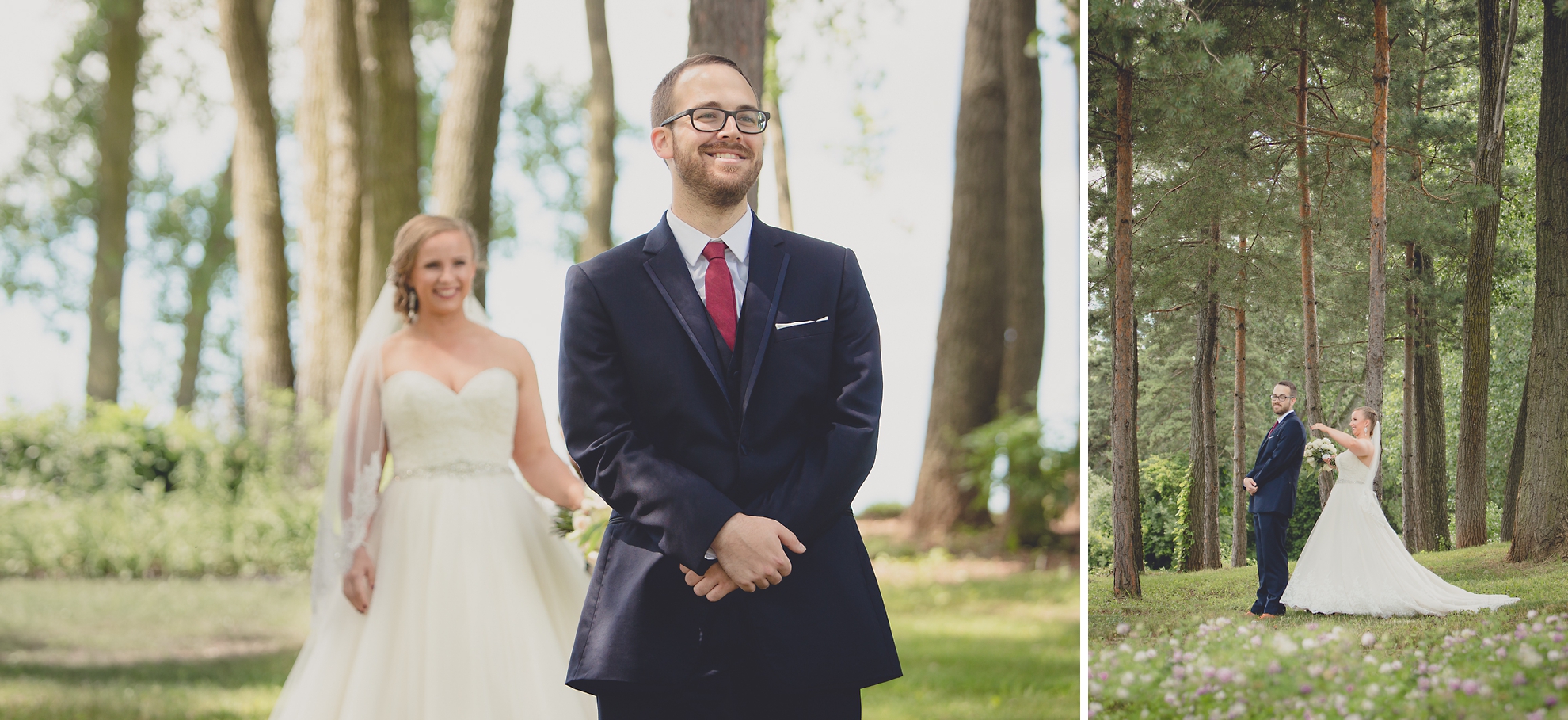 bride taps groom on shoulder during first look or "reveal" at Spring Lake Winery in Niagara County before WNY wedding
