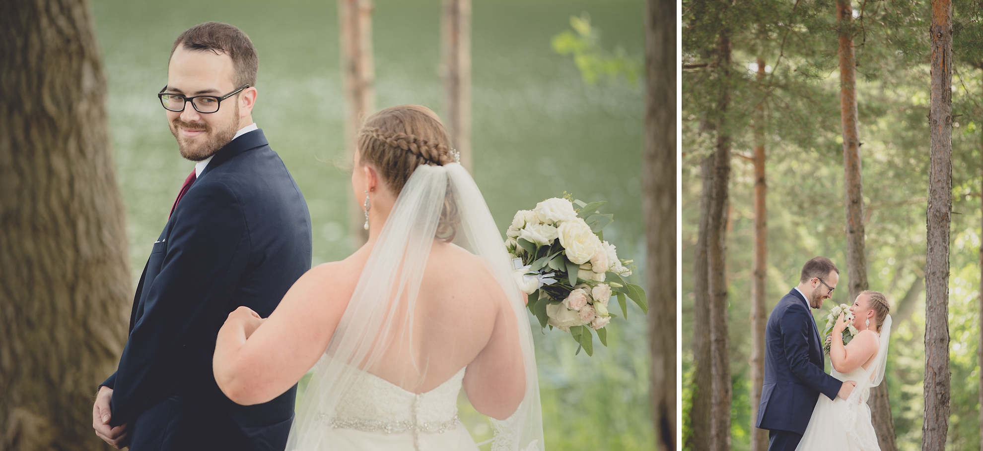 groom sees bride for first time during first look or "reveal" at Spring Lake Winery in Niagara County before WNY wedding