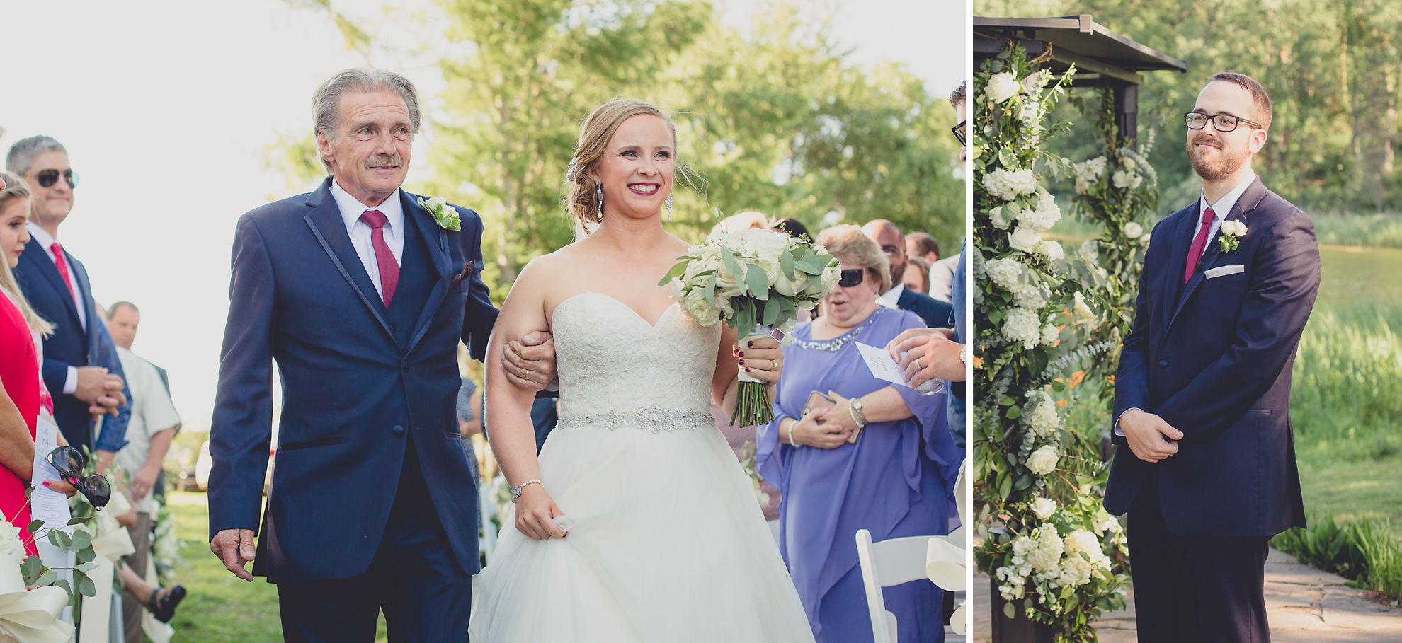 father escorts bride down aisle at Spring Lake Winery in Niagara County before wedding near Buffalo, NY