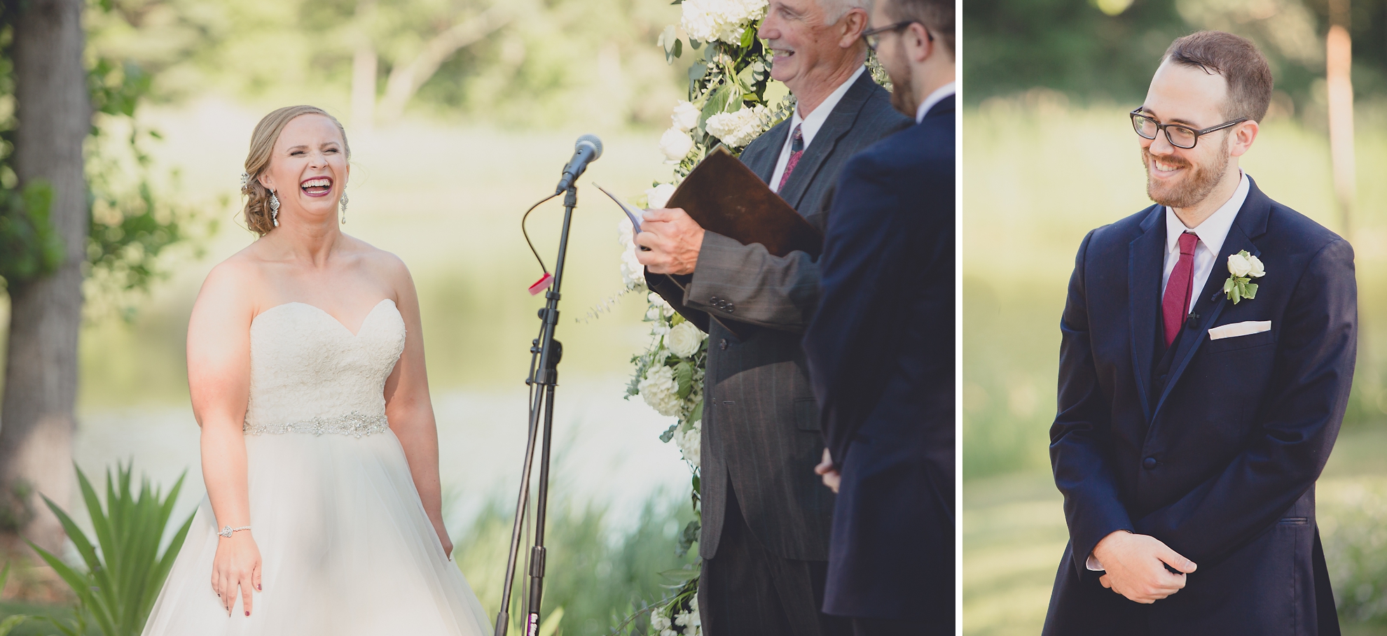 bride and groom laugh during wedding outdoor wedding ceremony at Spring Lake Winery in Lockport, NY