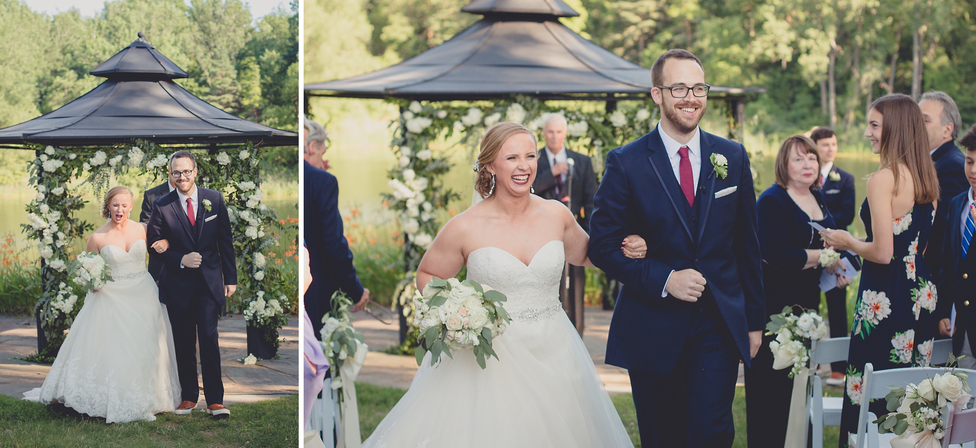 bride and groom cheer while walking down aisle after wedding outdoor wedding ceremony at Spring Lake Winery in Lockport, NY