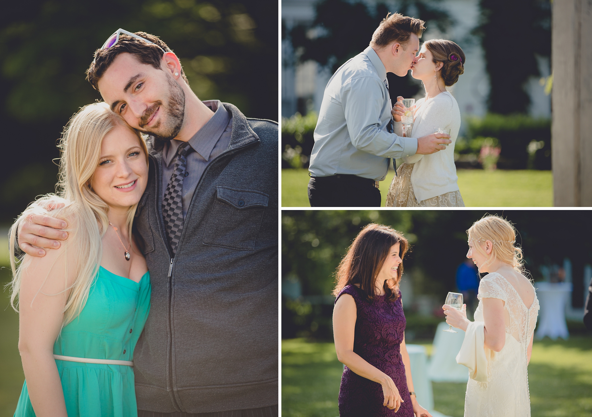 guests smile for the camera during cocktail hour at reception at small wedding at Knox Farm near Buffalo, NY