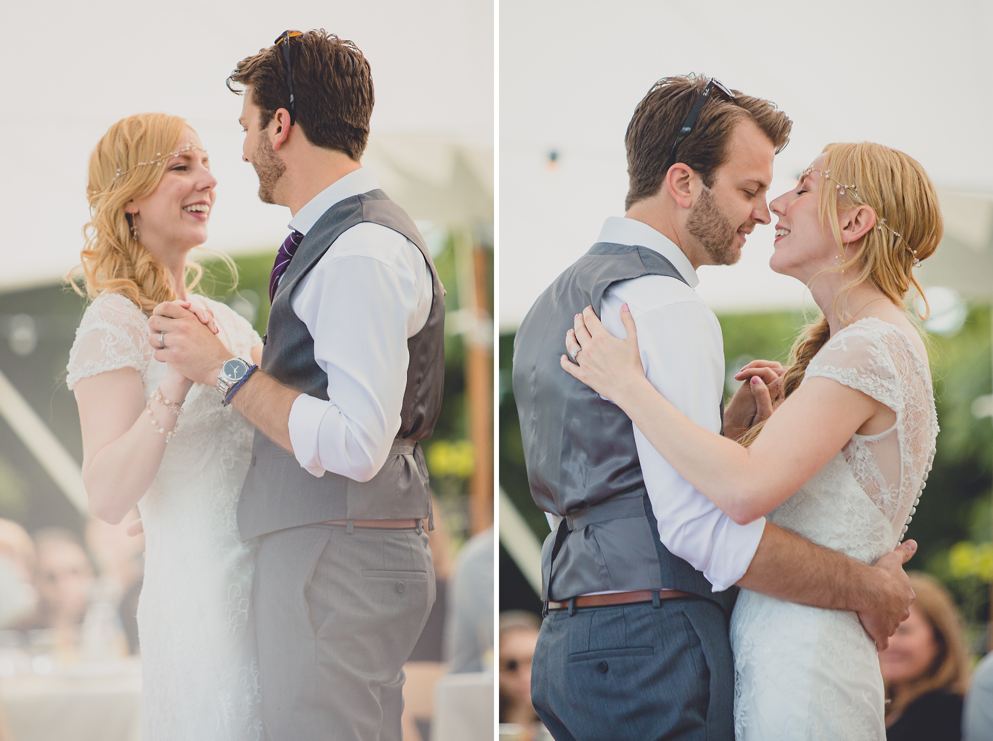 bride and groom share first dance under tent at reception at small wedding at Knox Farm near Buffalo, NY