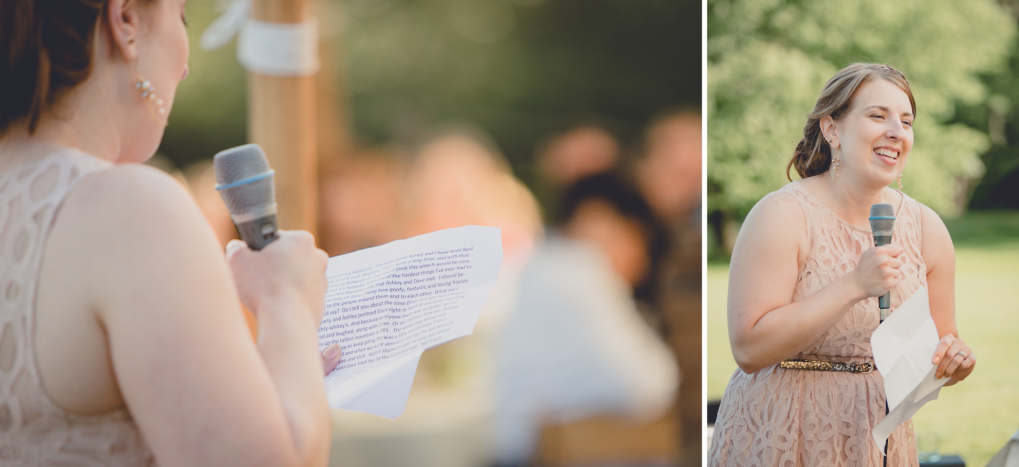 maid of honor delivers speech under tent at reception at small wedding at Knox Farm near Buffalo, NY