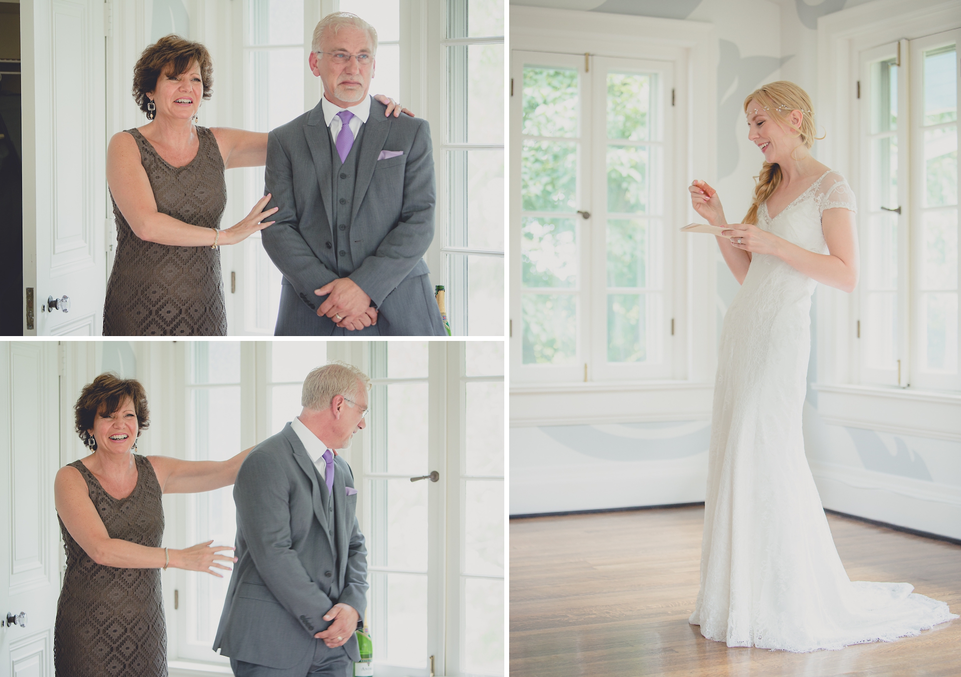 father of bride tears up while watching bride read card from groom in secret room at small wedding at Knox Farm near Buffalo, NY