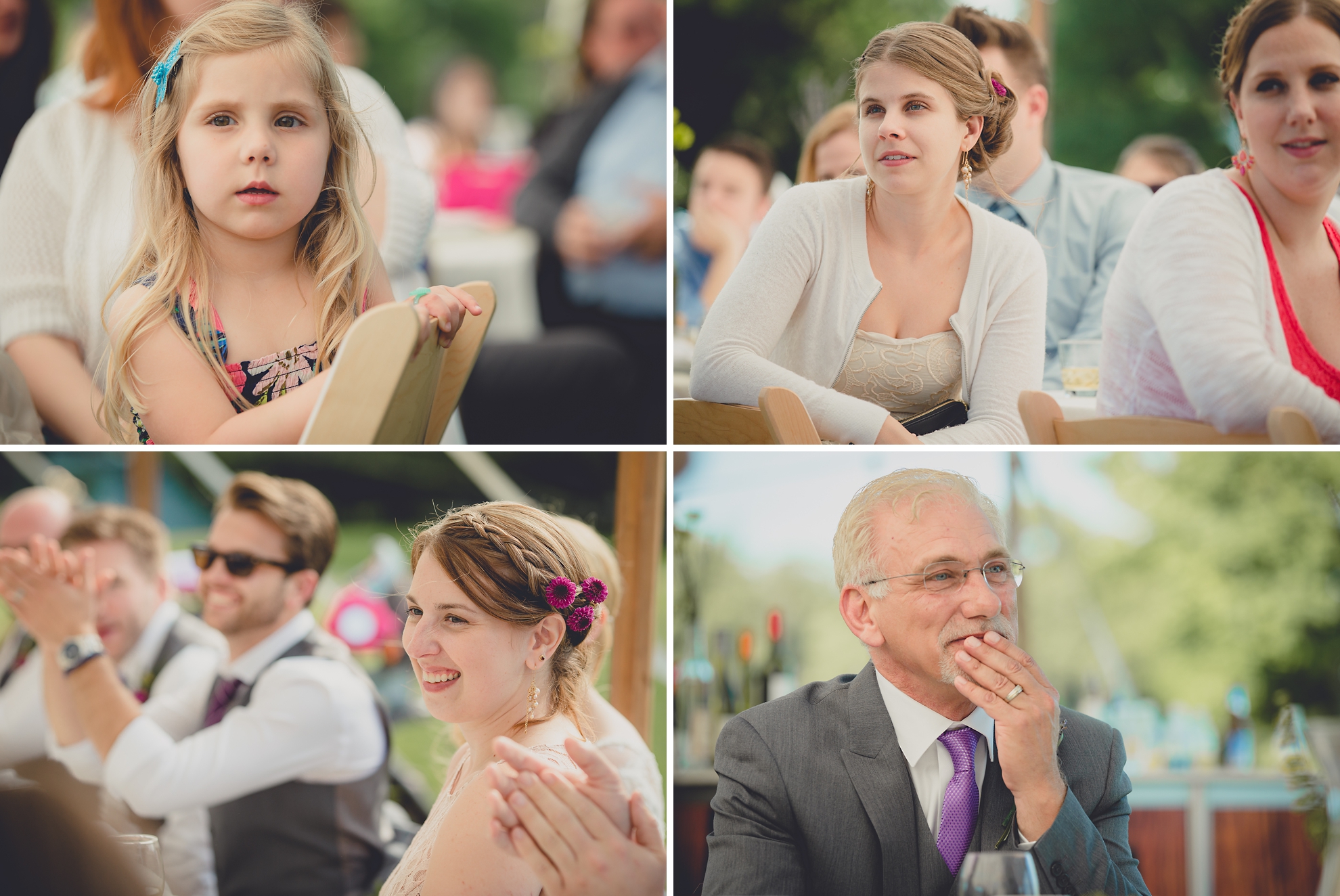 guests listen during speech under tent at reception at small wedding at Knox Farm near Buffalo, NY