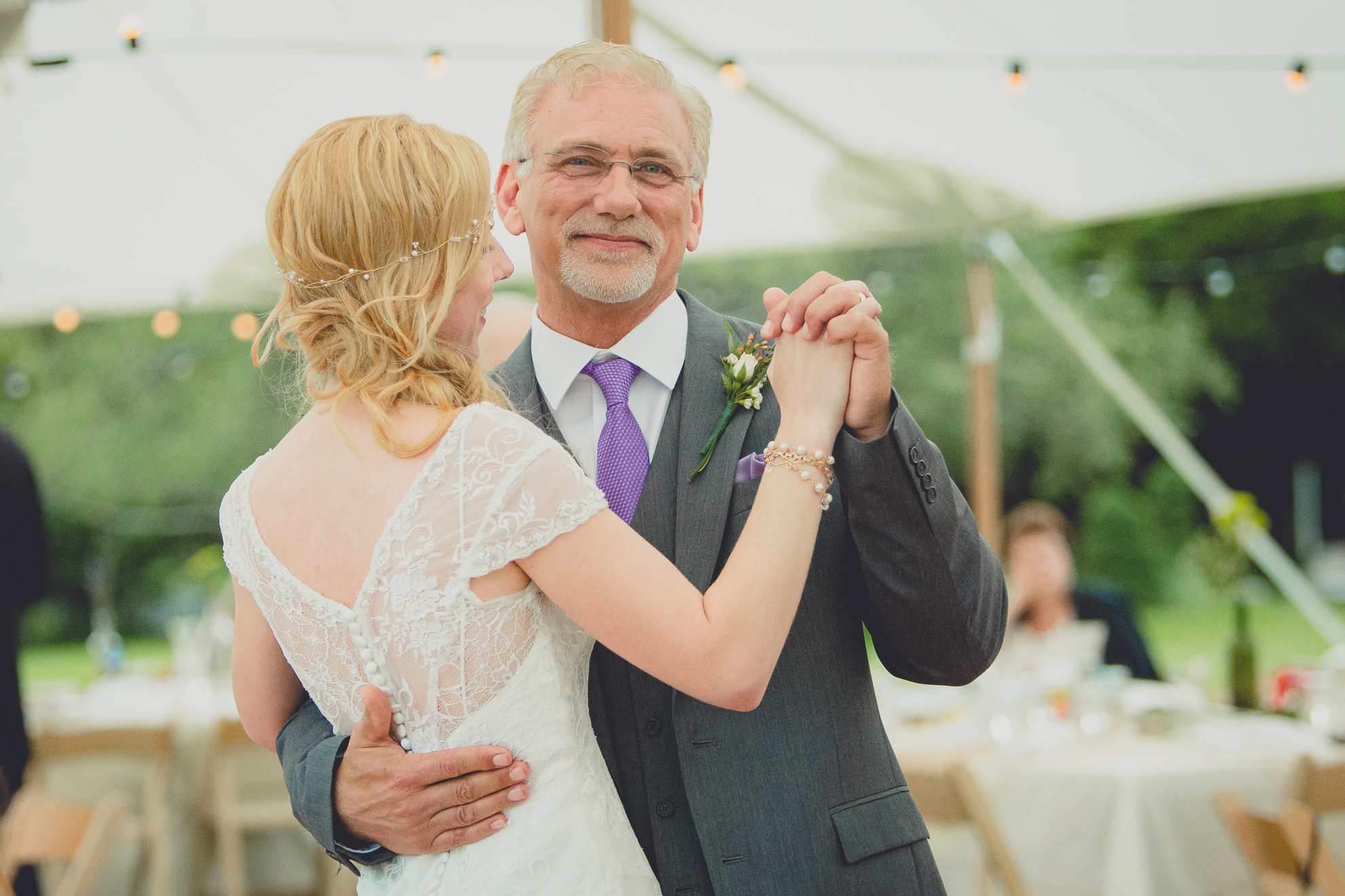 bride and father dance during tented reception at small wedding at Knox Farm near Buffalo, NY