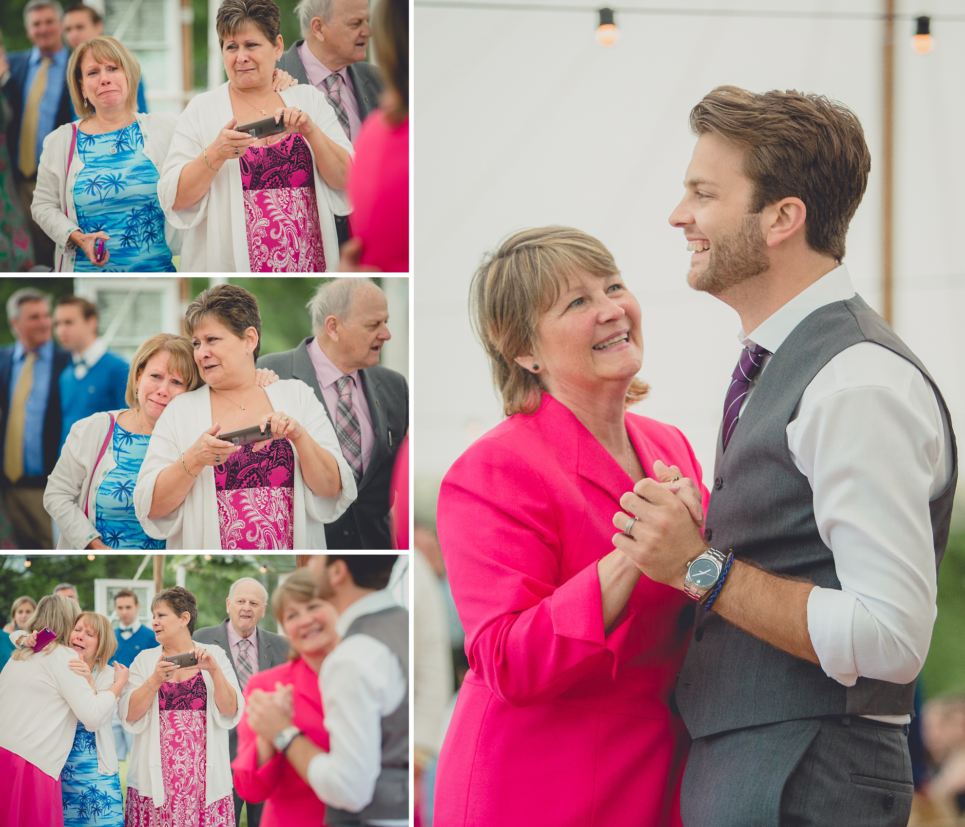 aunt cries during mother of the groom dance during tented reception at small wedding at Knox Farm near Buffalo, NY