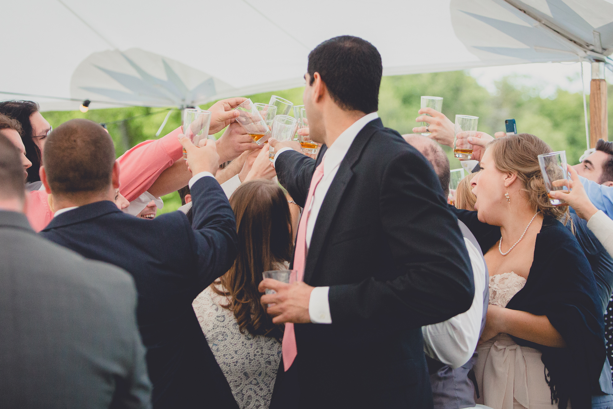 guests cheers during tented reception at small wedding at Knox Farm near Buffalo, NY