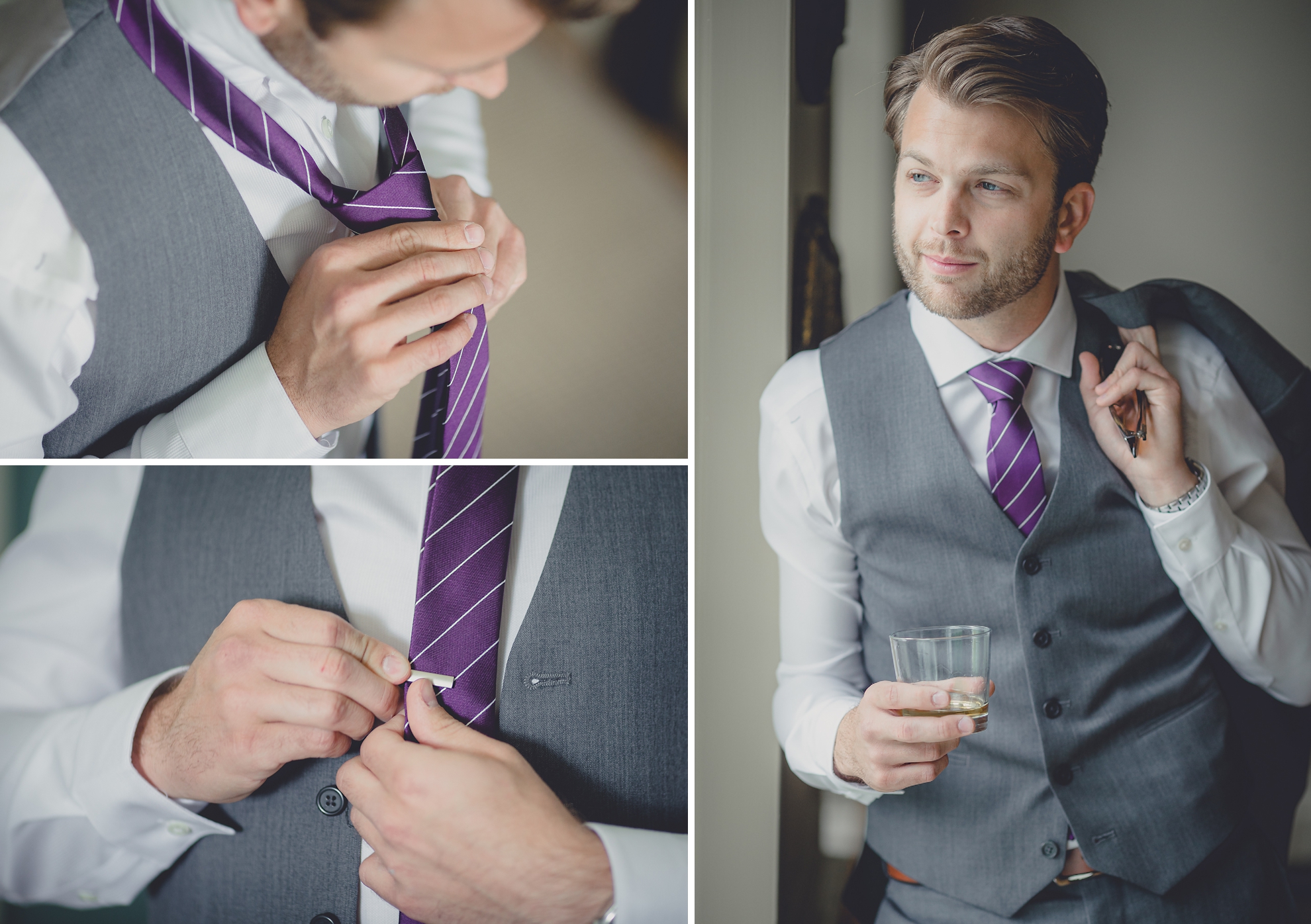groom straightens tie at small wedding at Knox Farm near Buffalo, NY