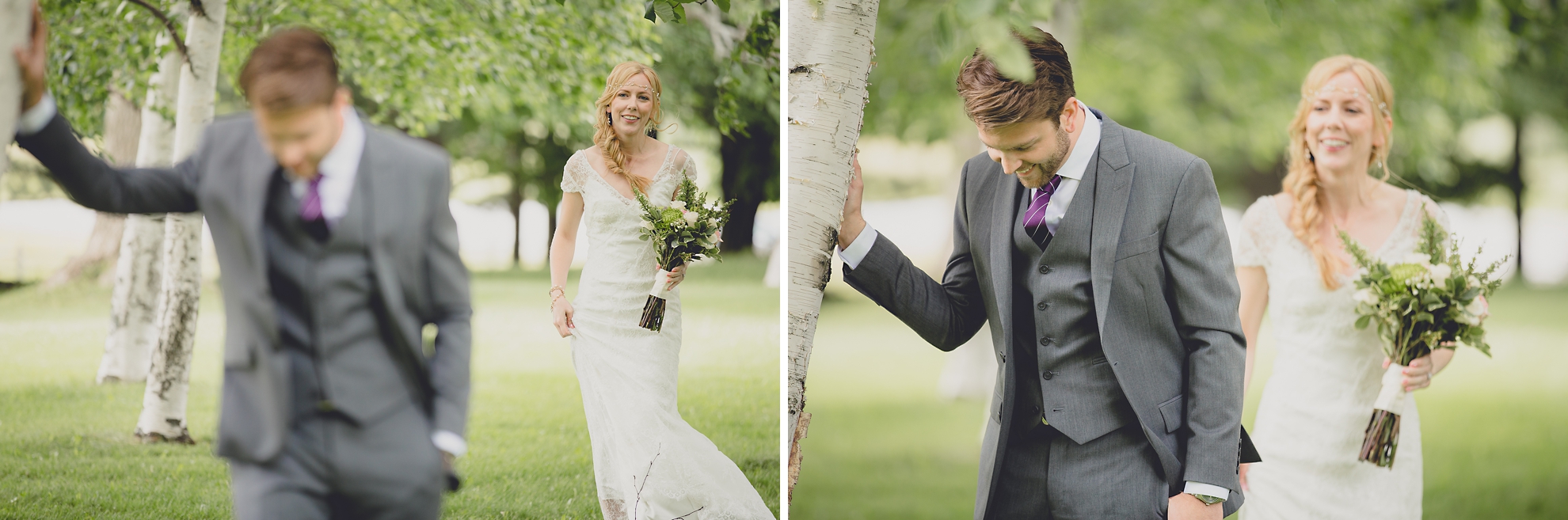 bride walks up behind groom before their first look, aka reveal, at their small wedding at Knox Farm near Buffalo, NY