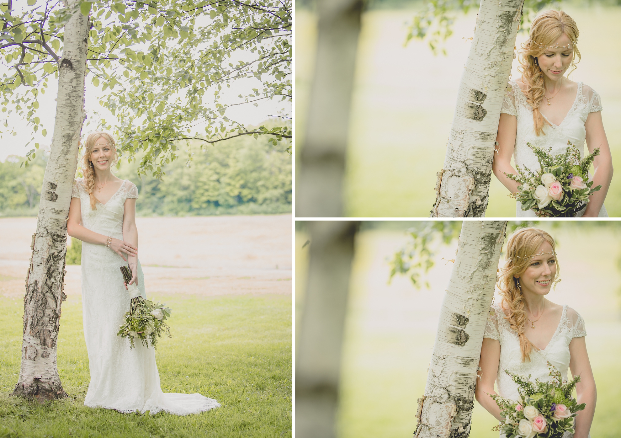 bride poses for portraits against birch trees at small wedding at Knox Farm near Buffalo, NY