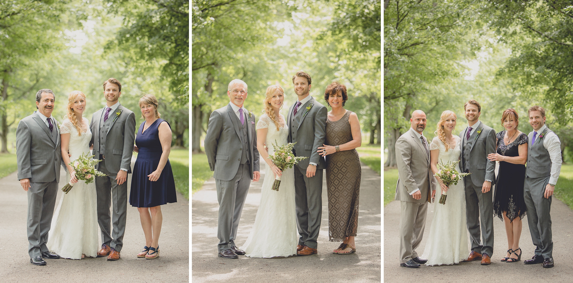 families stand for portraits on tree lined road at small wedding at Knox Farm near Buffalo, NY