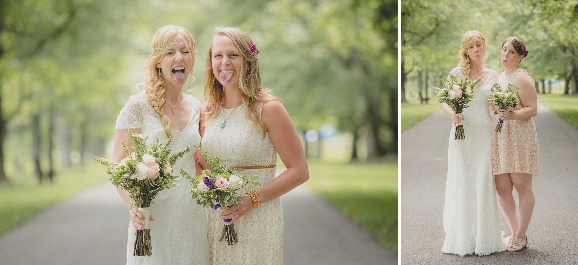 bridesmaids make funny faces on tree lined road at small wedding at Knox Farm near Buffalo, NY