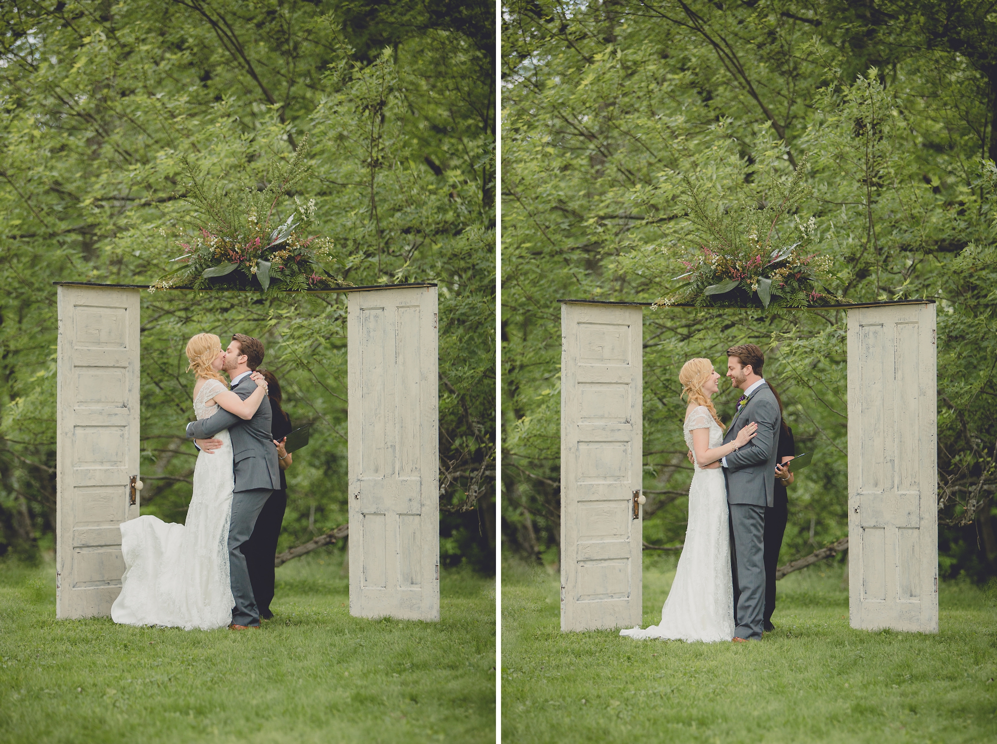 bride and groom have first kiss during ceremony at small wedding at Knox Farm near Buffalo, NY