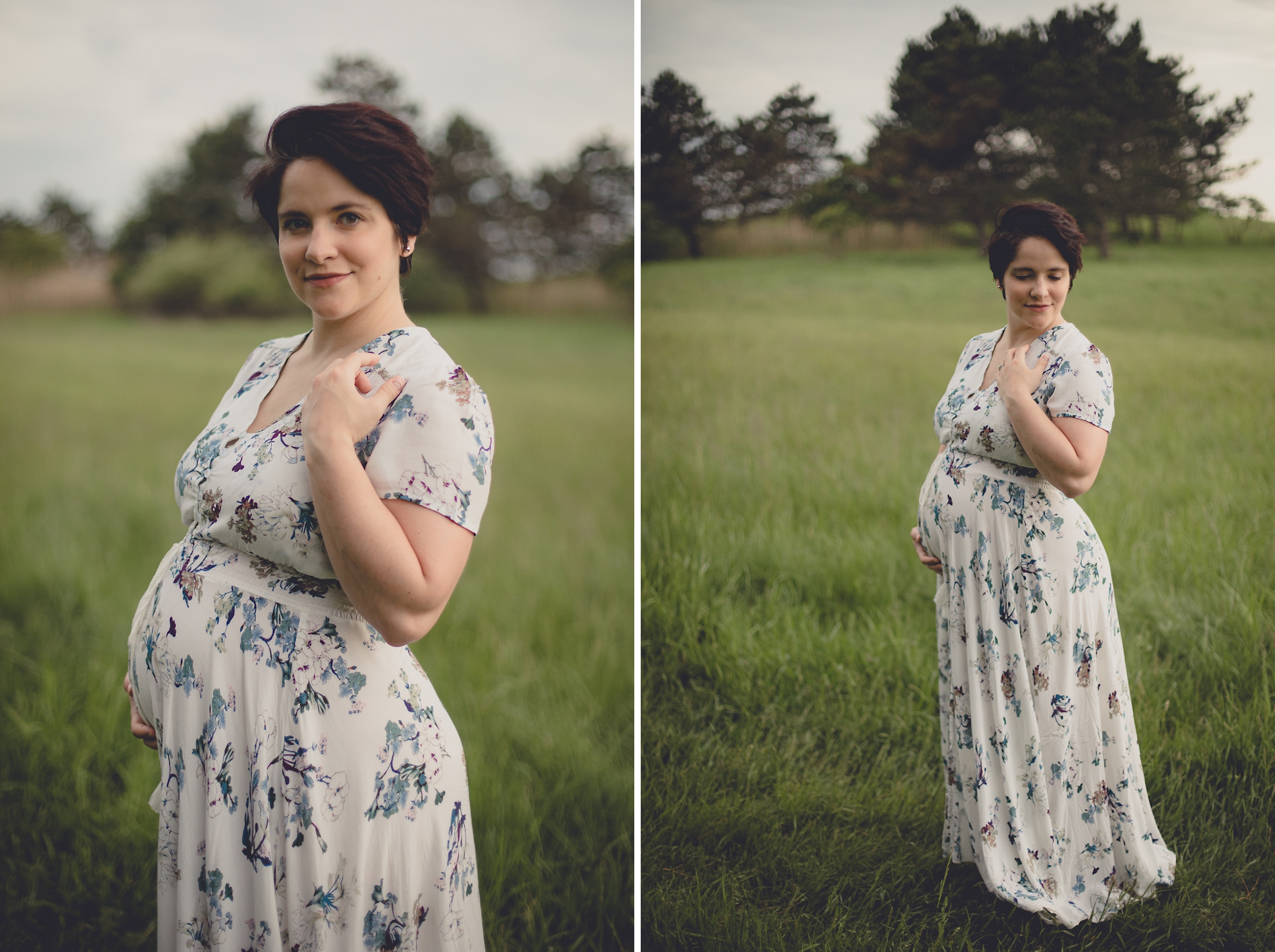 mom poses for photographer during maternity portrait photography session in field at Tifft Nature Preserve in Buffalo, NY