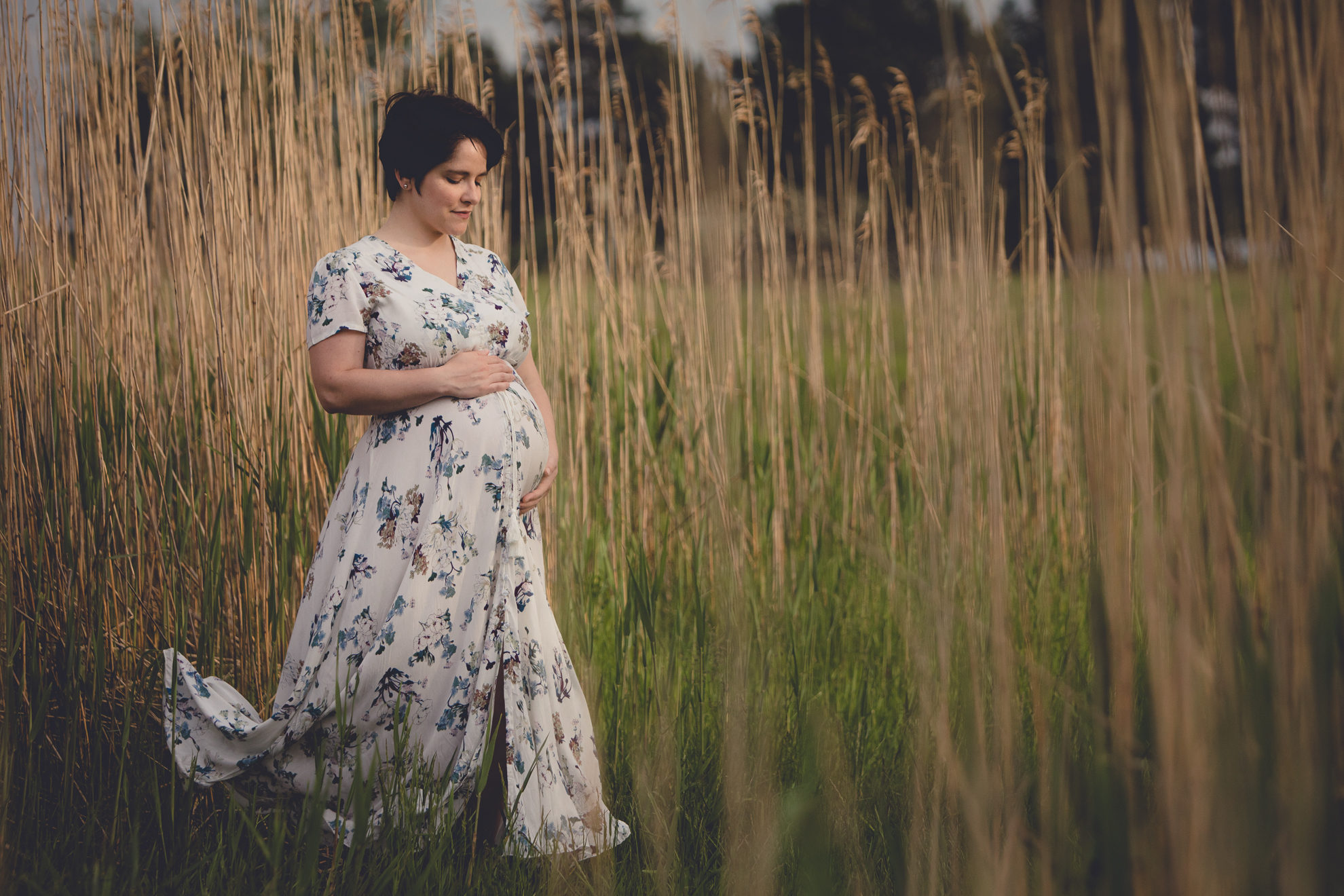 mom looks down while holding pregnant stomach during maternity portrait photography session in field at Tifft Nature Preserve in Buffalo, NY