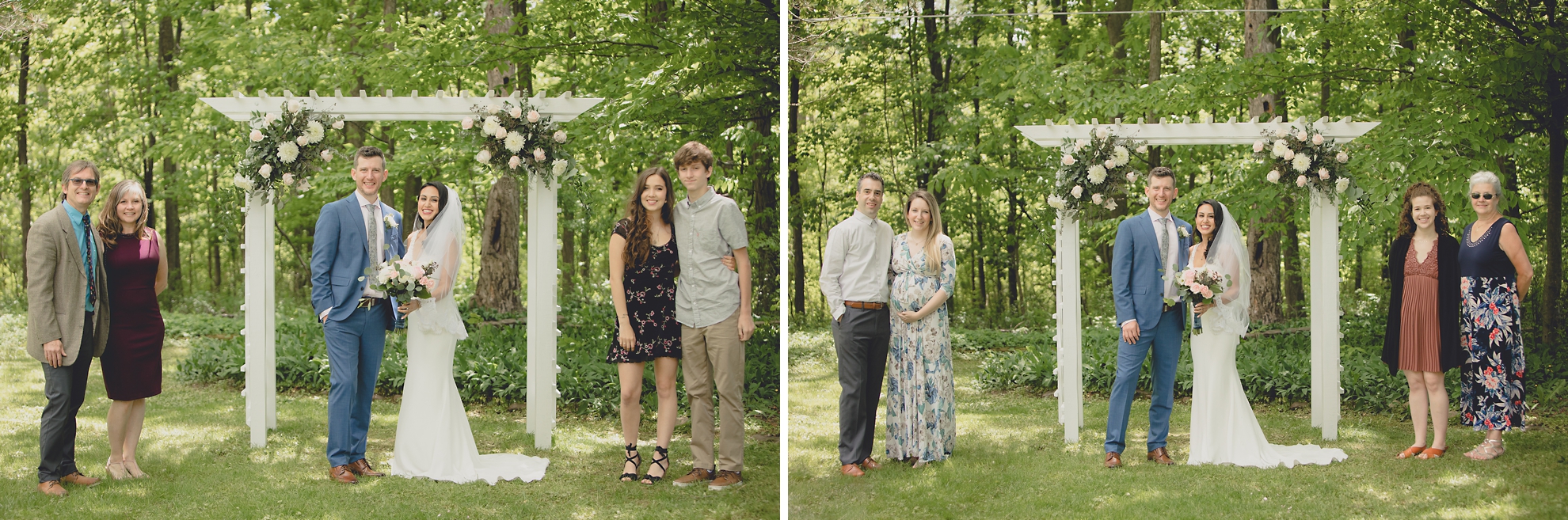 family portraits with covid-19 social distance spacing after small backyard micro wedding in Buffalo, NY
