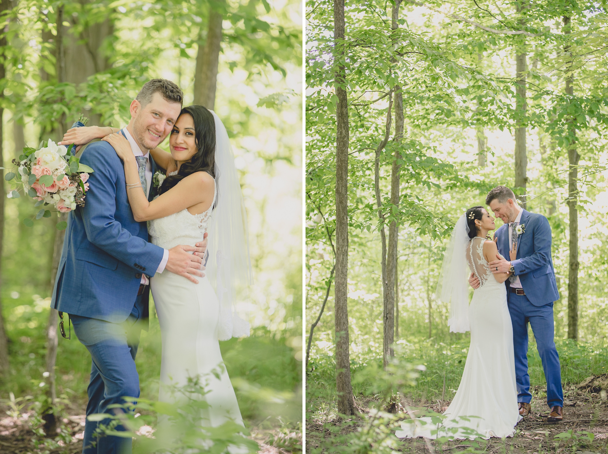 bride and groom smile for photographer in woods after small backyard micro wedding in Buffalo, NY
