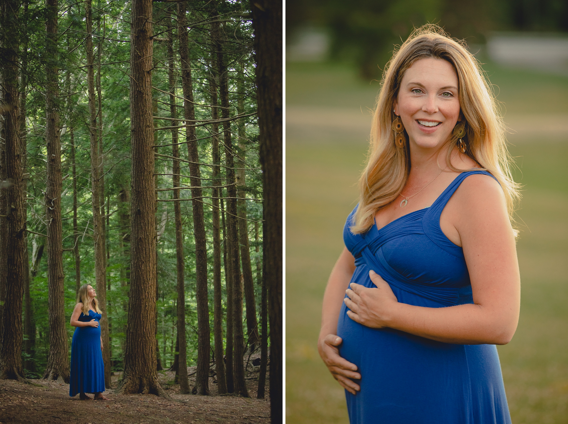 maternity portrait of expecting mother smiling for photographer in pine forest at Chestnut Ridge Park near Buffalo, NY