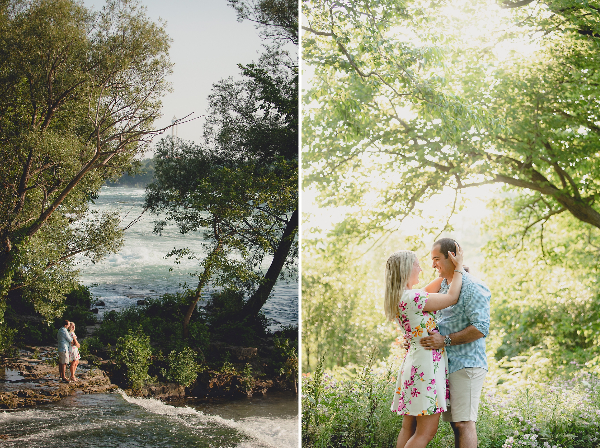 future bride and groom embrace and view rapids on Goat Island during wedding engagement photography session in Niagara Falls State Park in NY