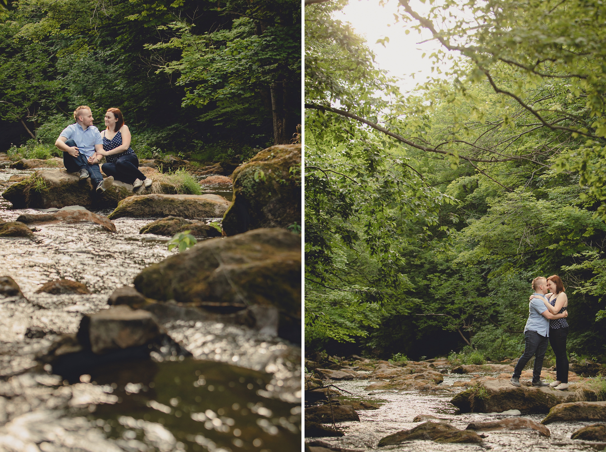 engaged couple sits on rock in creek at Akron Falls Park near Buffalo, NY