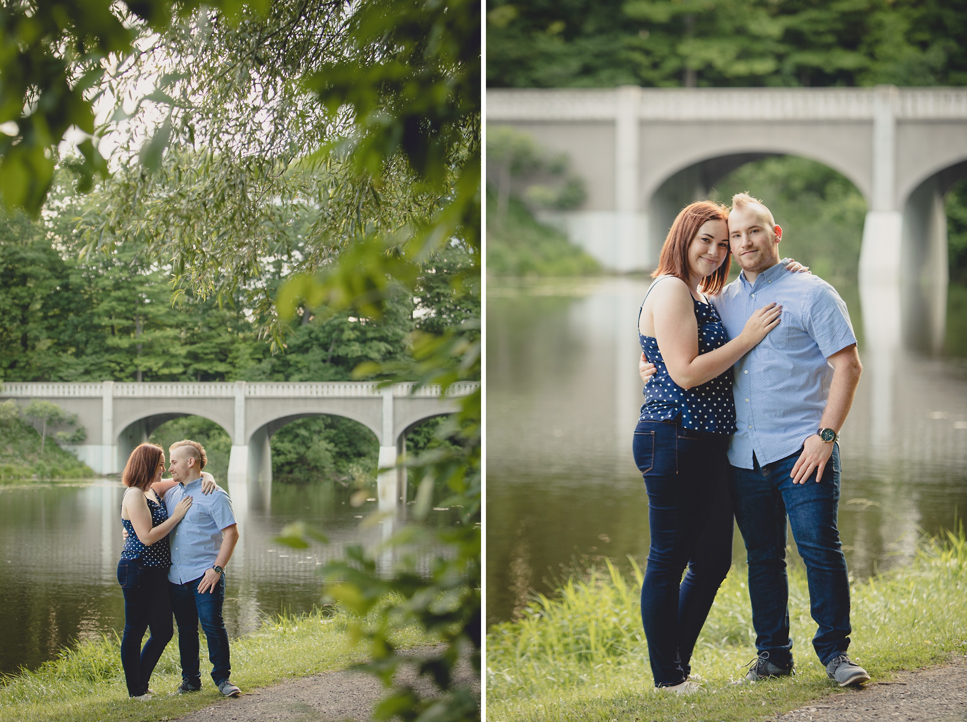 engaged couple poses for photographer in front of bridge and lake at Akron Falls Park near Buffalo, NY