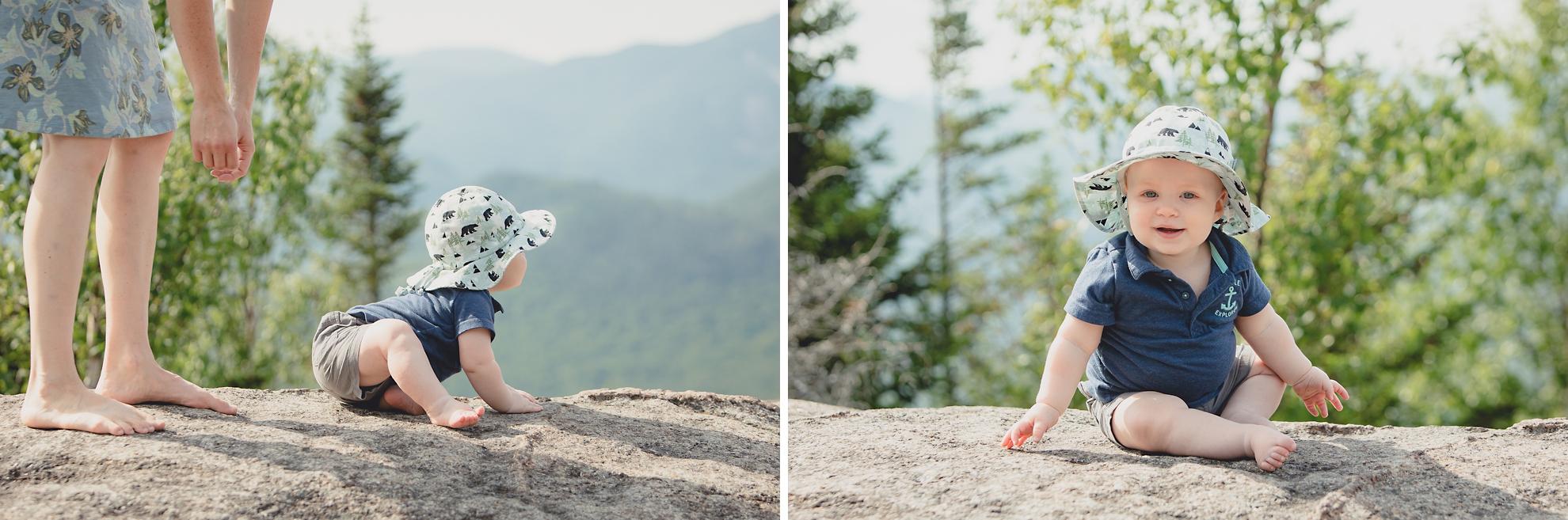 baby on top of Mount Jo during photojournalistic family photography session in the Adirondack High Peaks Region of NY