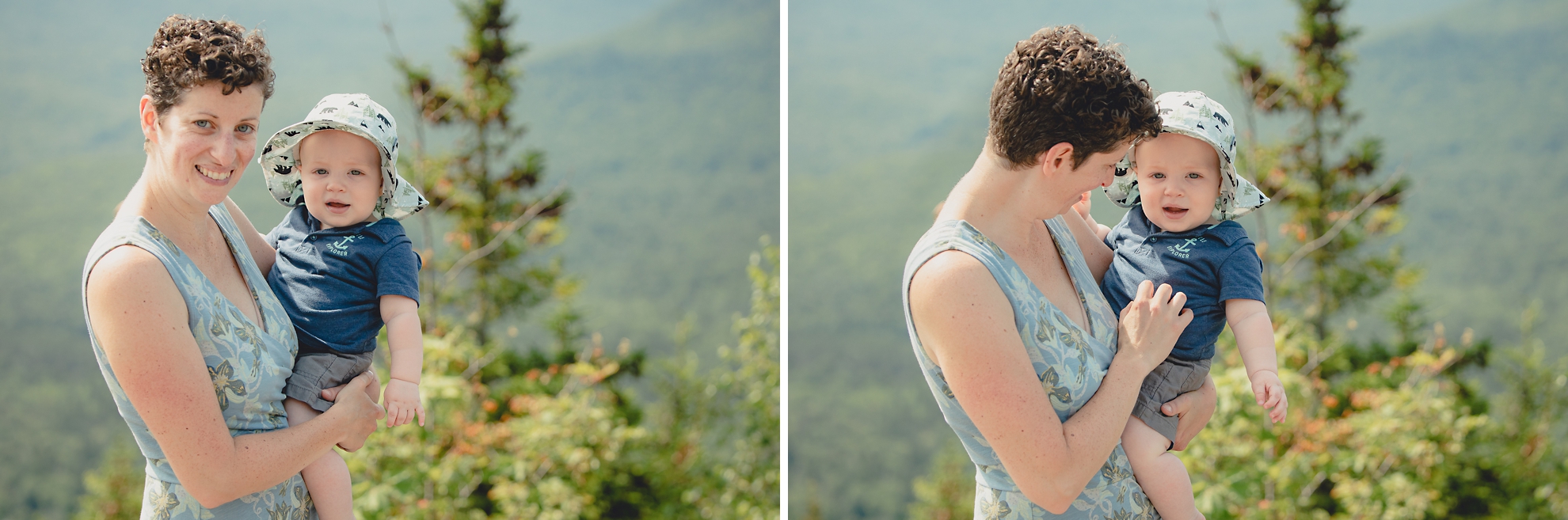 mom and baby family portrait on summit of Mount Jo during photojournalistic family photography session in the Adirondack High Peaks Region of NY