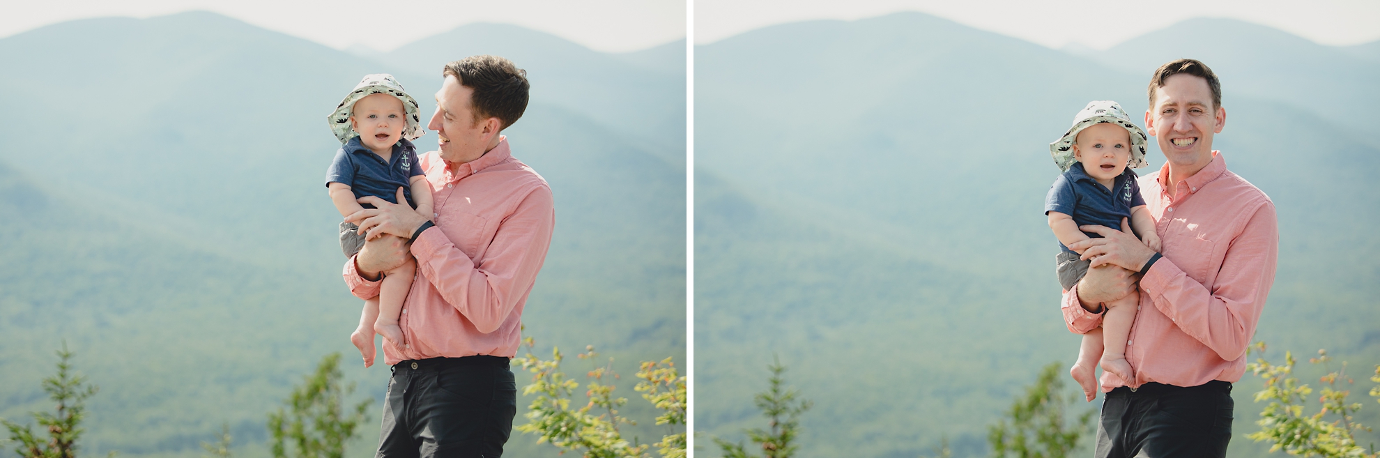 dad and baby family portrait on summit of Mount Jo during photojournalistic family photography session in the Adirondack High Peaks Region of NY