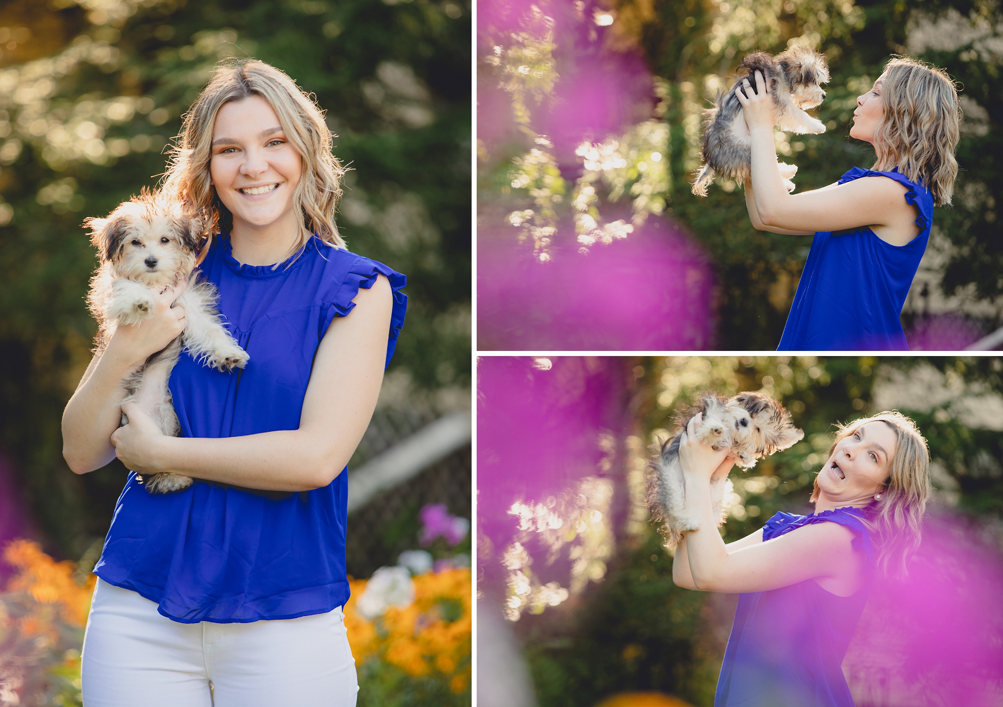 maple grove high school student smiles poses for photographer in garden with puppy during senior pictures at Chautauqua Institution