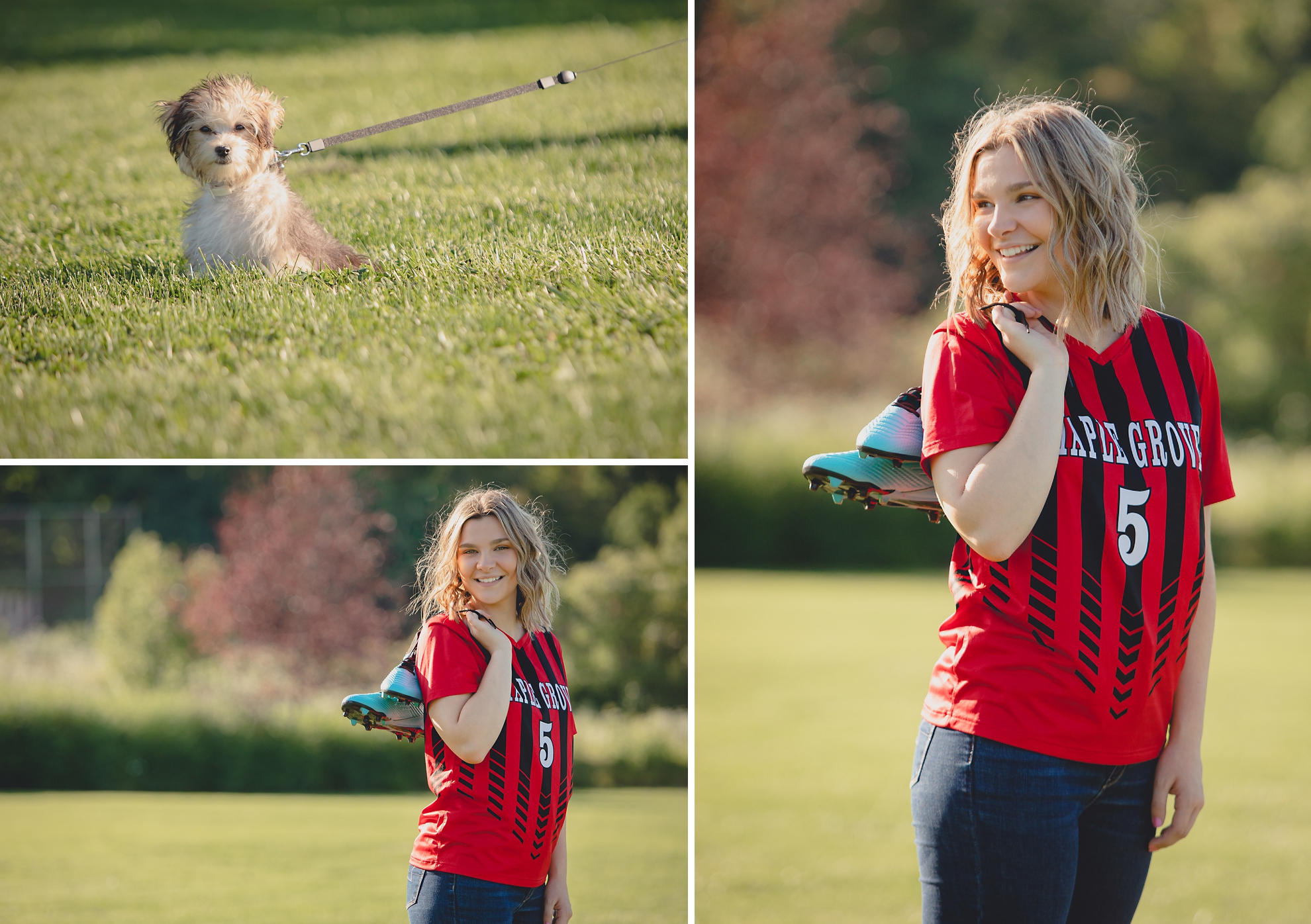 maple grove high school student smiles poses for photographer while wearing jersey in soccer field during senior pictures at Chautauqua Institution