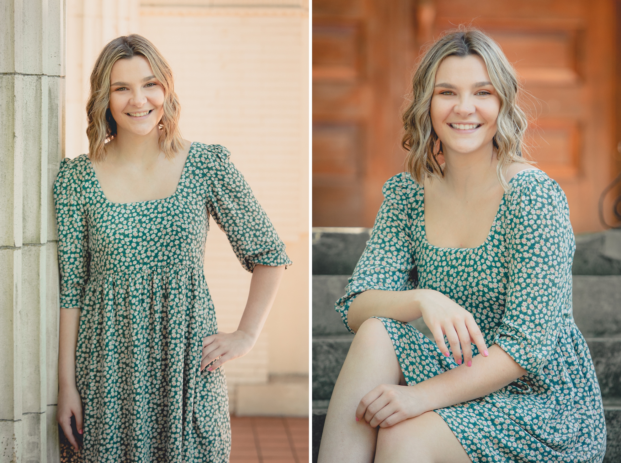 maple grove high school student smiles for photographer on steps of alumni hall during senior pictures at Chautauqua Institution