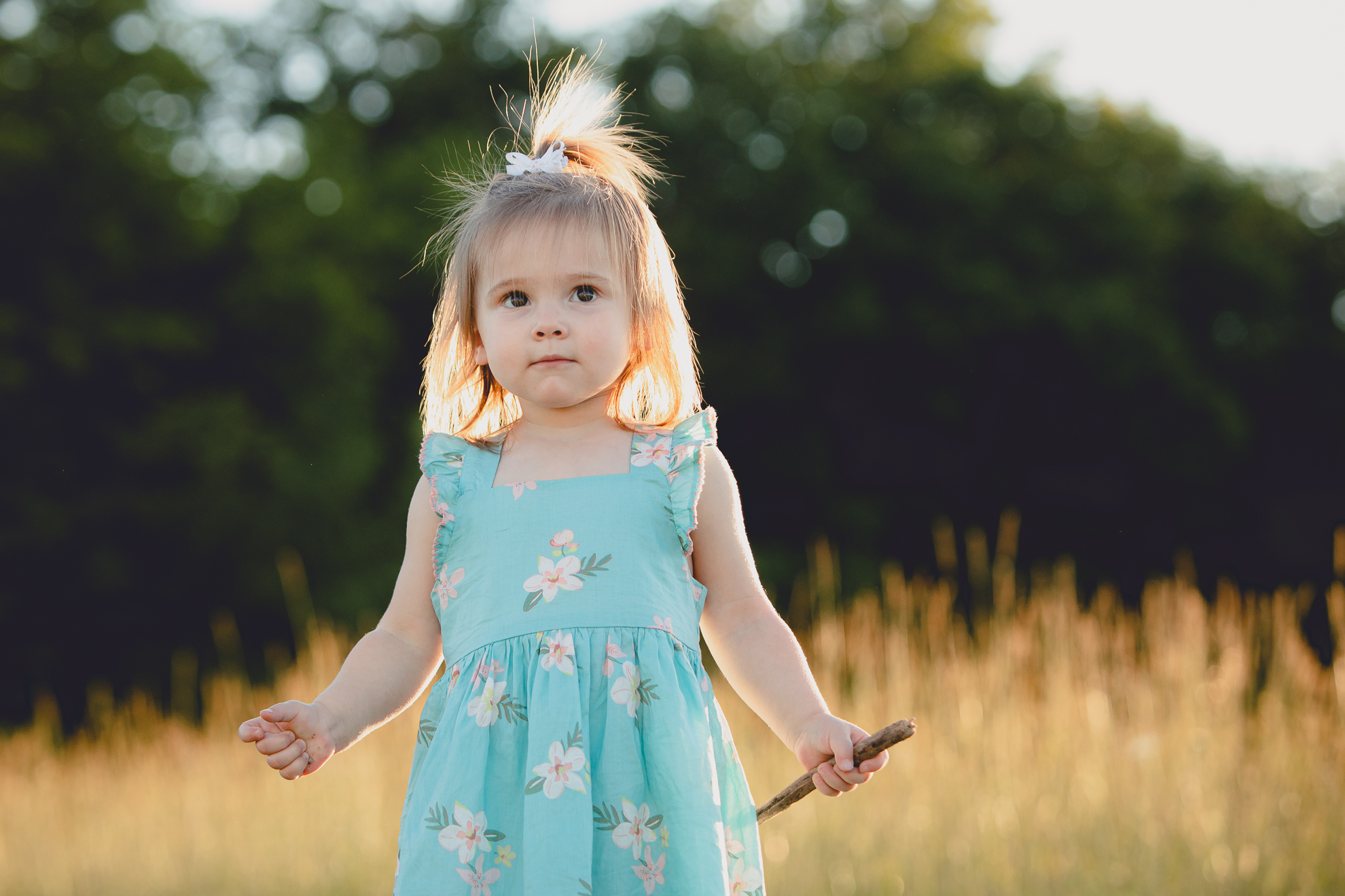 baby stands with stick during family portrait photography session at Knox Farm in East Aurora, a small town near Buffalo