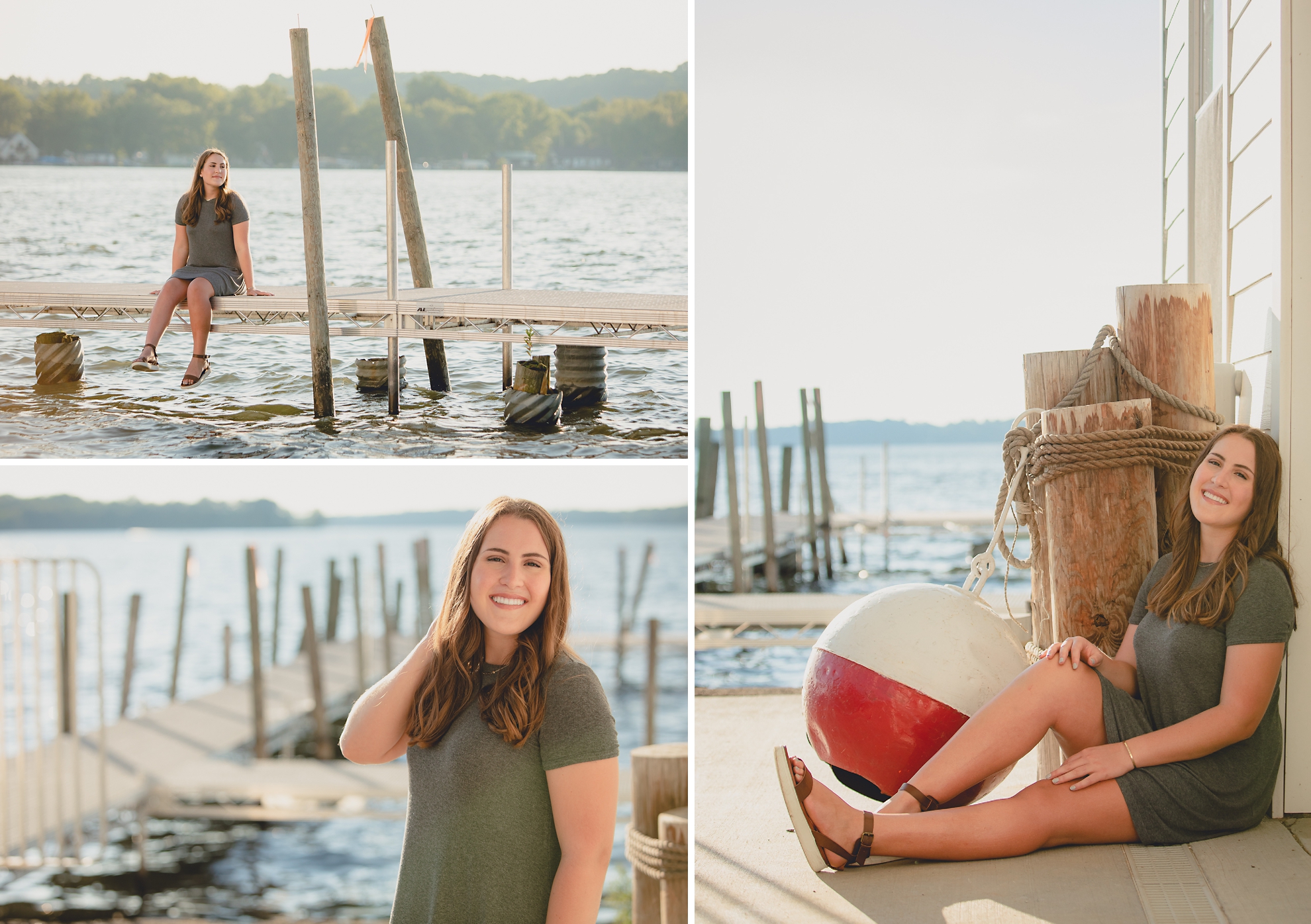 Tessa sits on dock on Lake Chautauqua in Bemus Point, NY, during her senior portrait photography session in WNY