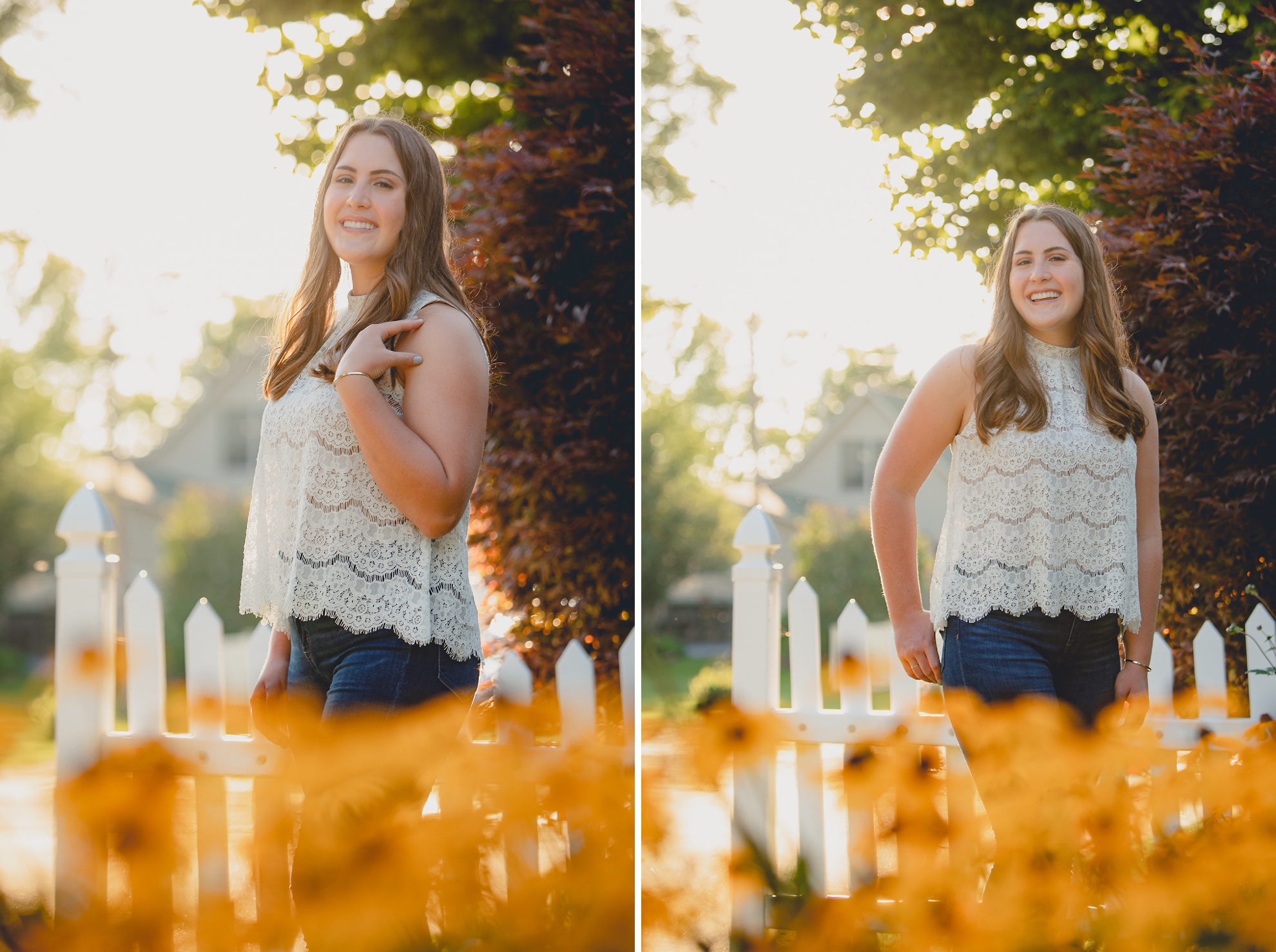 Tessa smiles for photographer in garden during her senior portrait photography session in WNY
