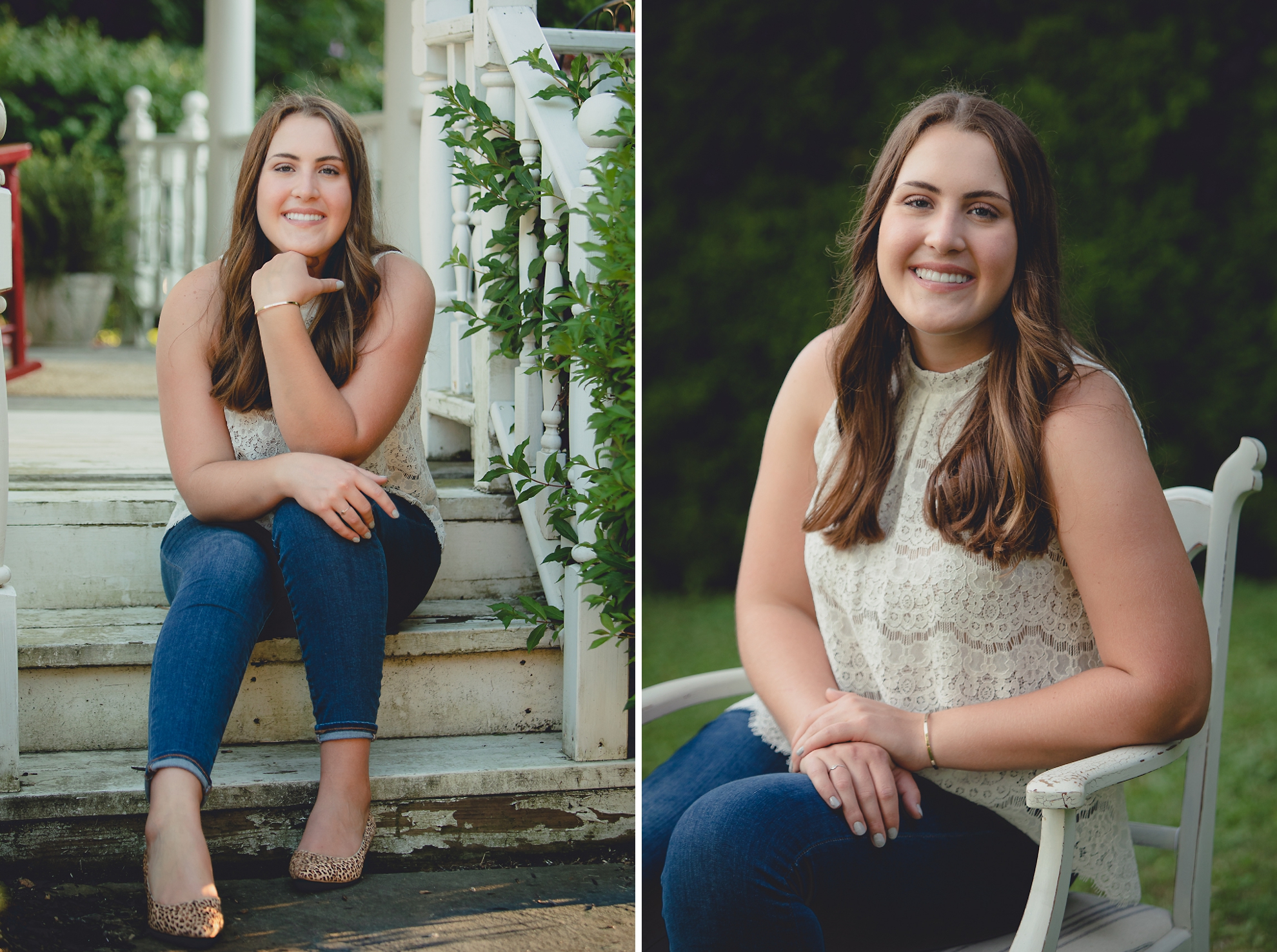 Tessa smiles for photographer on front porch steps during her senior portrait photography session in WNY