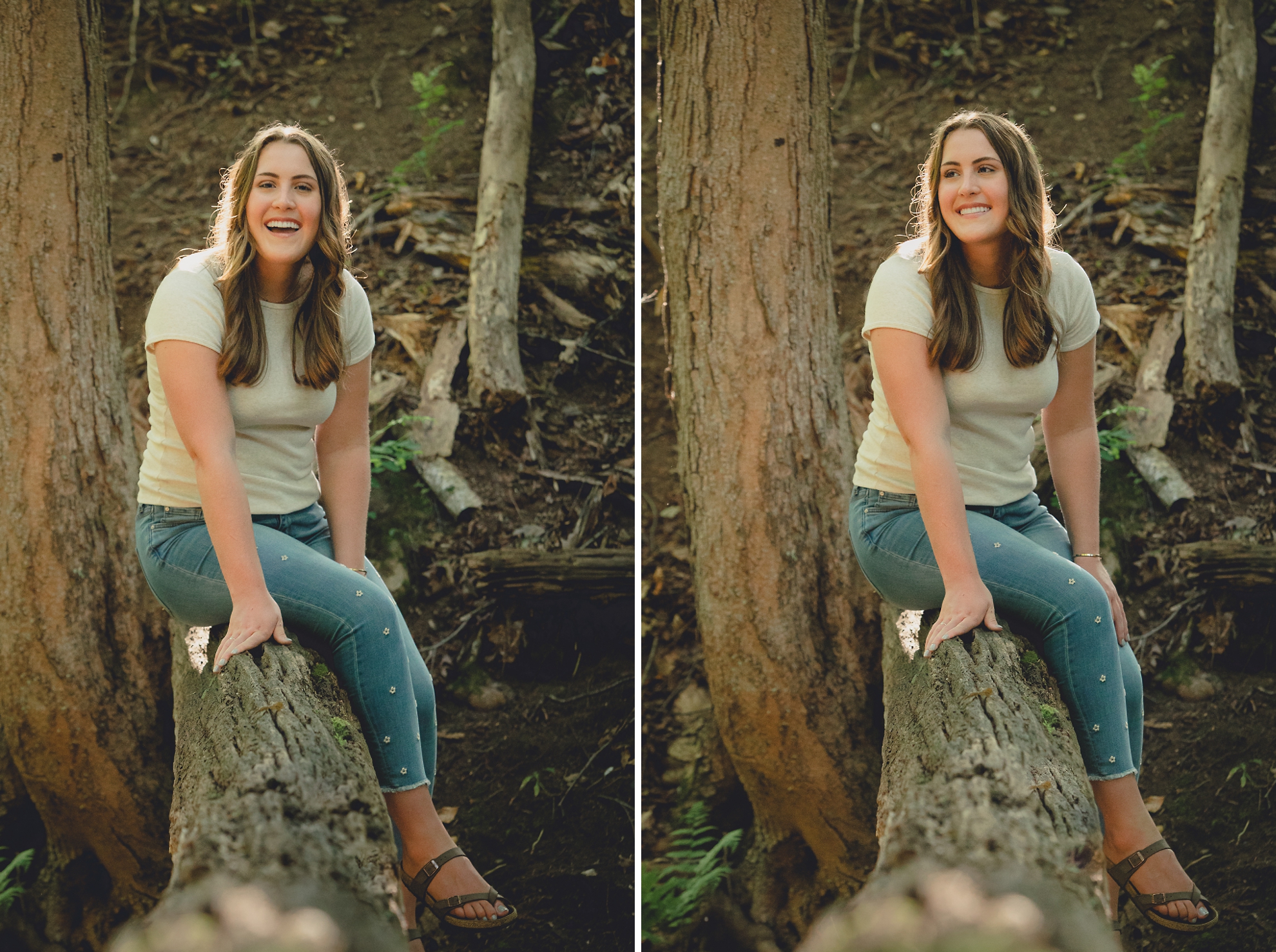 Tessa laughs while sitting on log in forest during senior portrait photography session in Long Point State Park in WNY