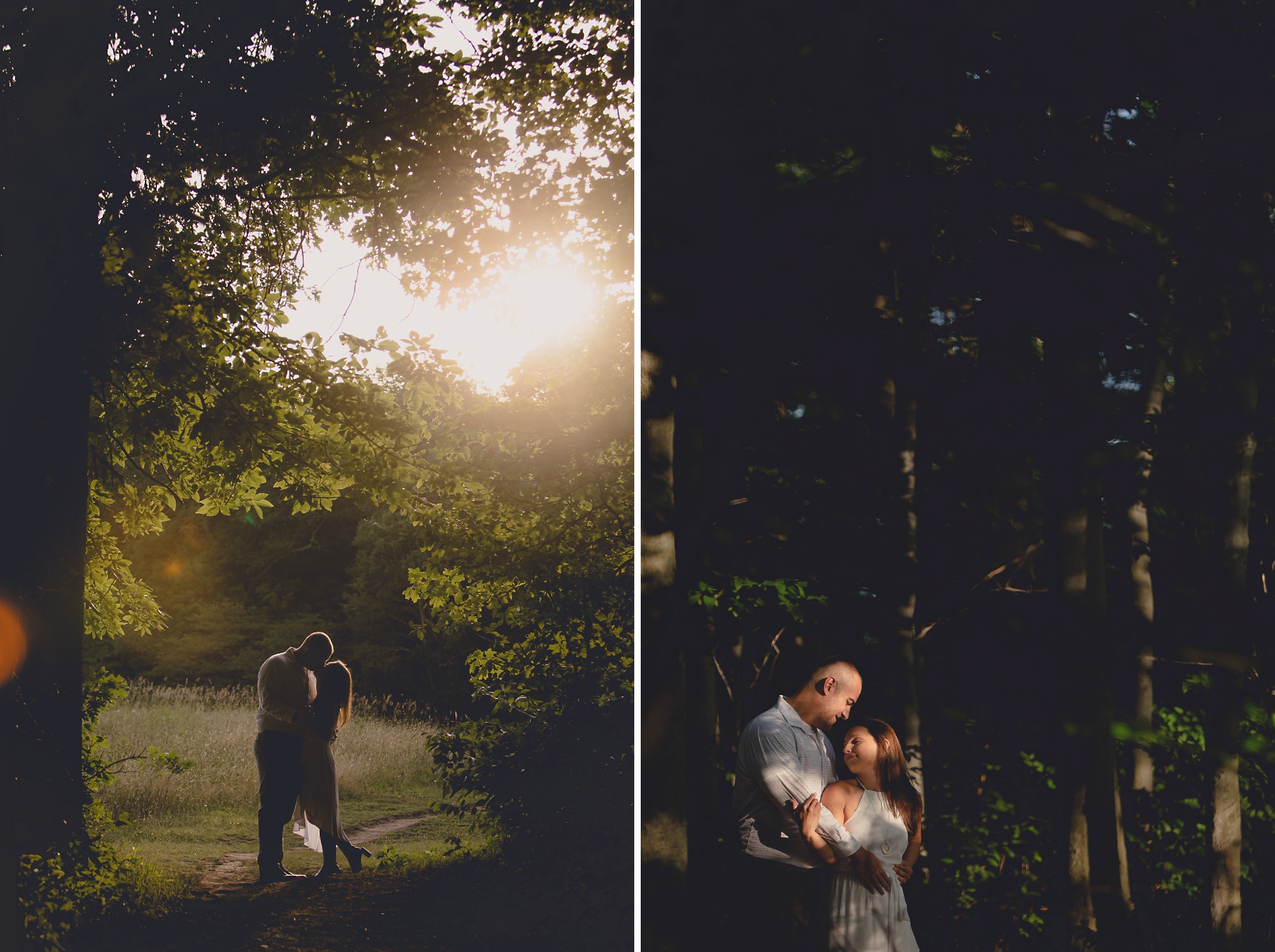 bride and groom snuggle in forest during wedding photography engagement portrait session at Knox Farm near Buffalo, NY