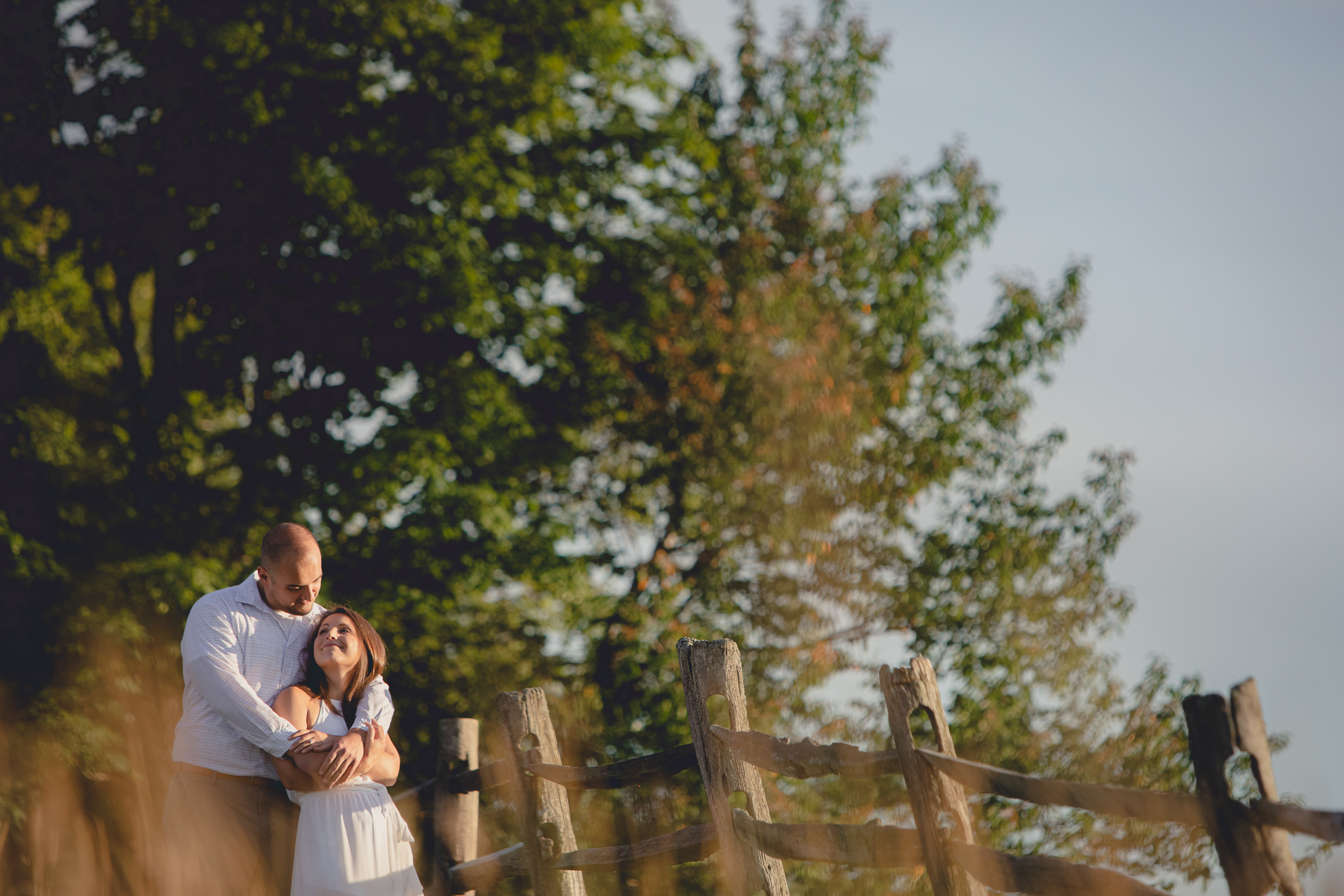 groom wraps arms around bride in field during wedding photography engagement portrait session at Knox Farm near Buffalo, NY