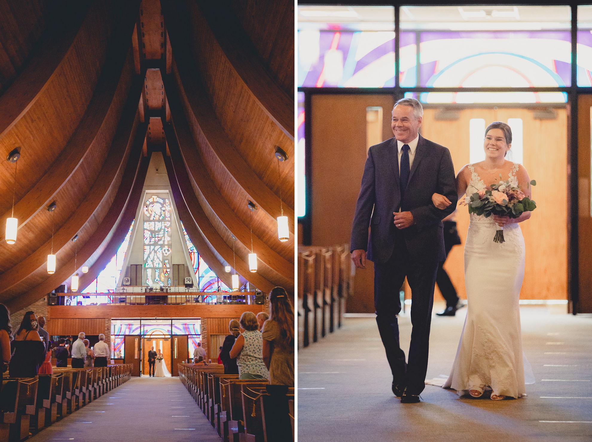 father and bride walk down aisle during micro wedding ceremony at St. Peter's Church in Lewiston, NY