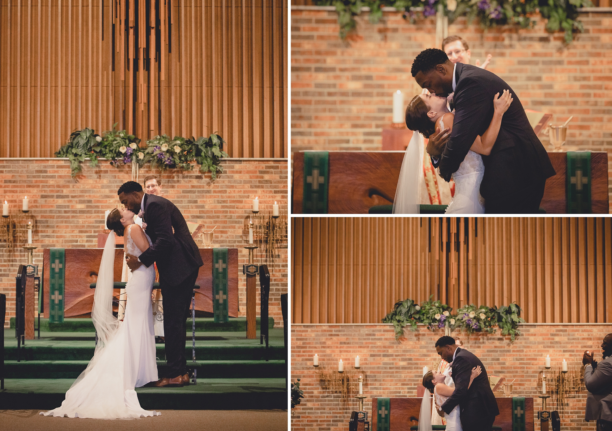 bride and groom share first kiss during micro wedding ceremony at St. Peter's Church in Lewiston, NY